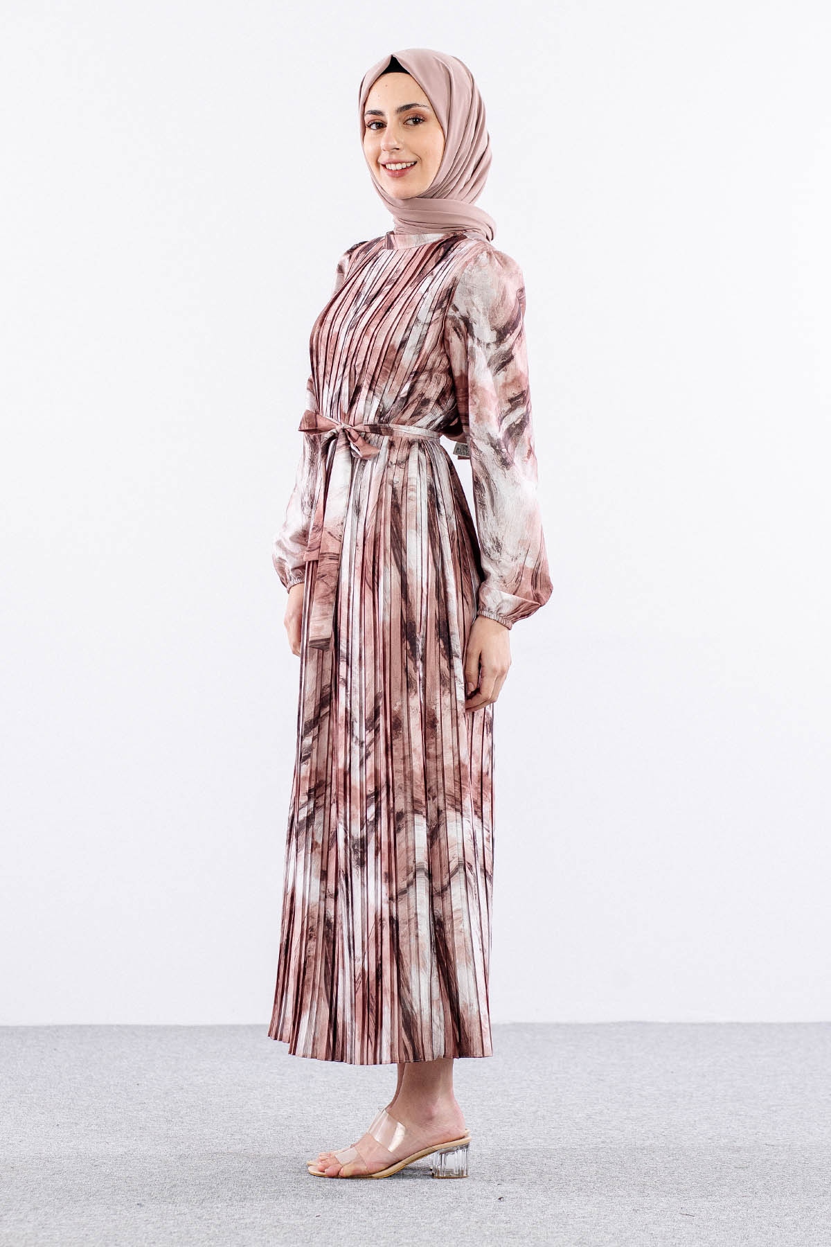 5936 Plise Elbise 1-1-2-2 - Kahve - 4