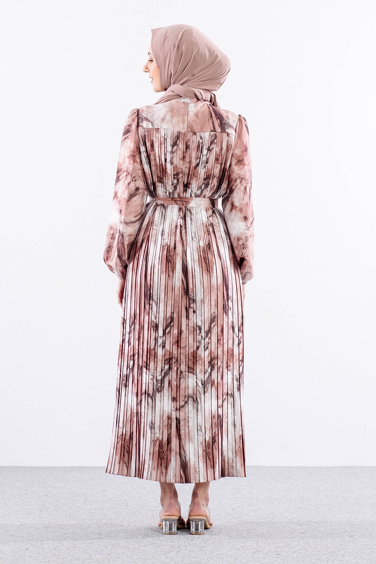 5936 Plise Elbise 1-1-2-2 - Kahve - 5