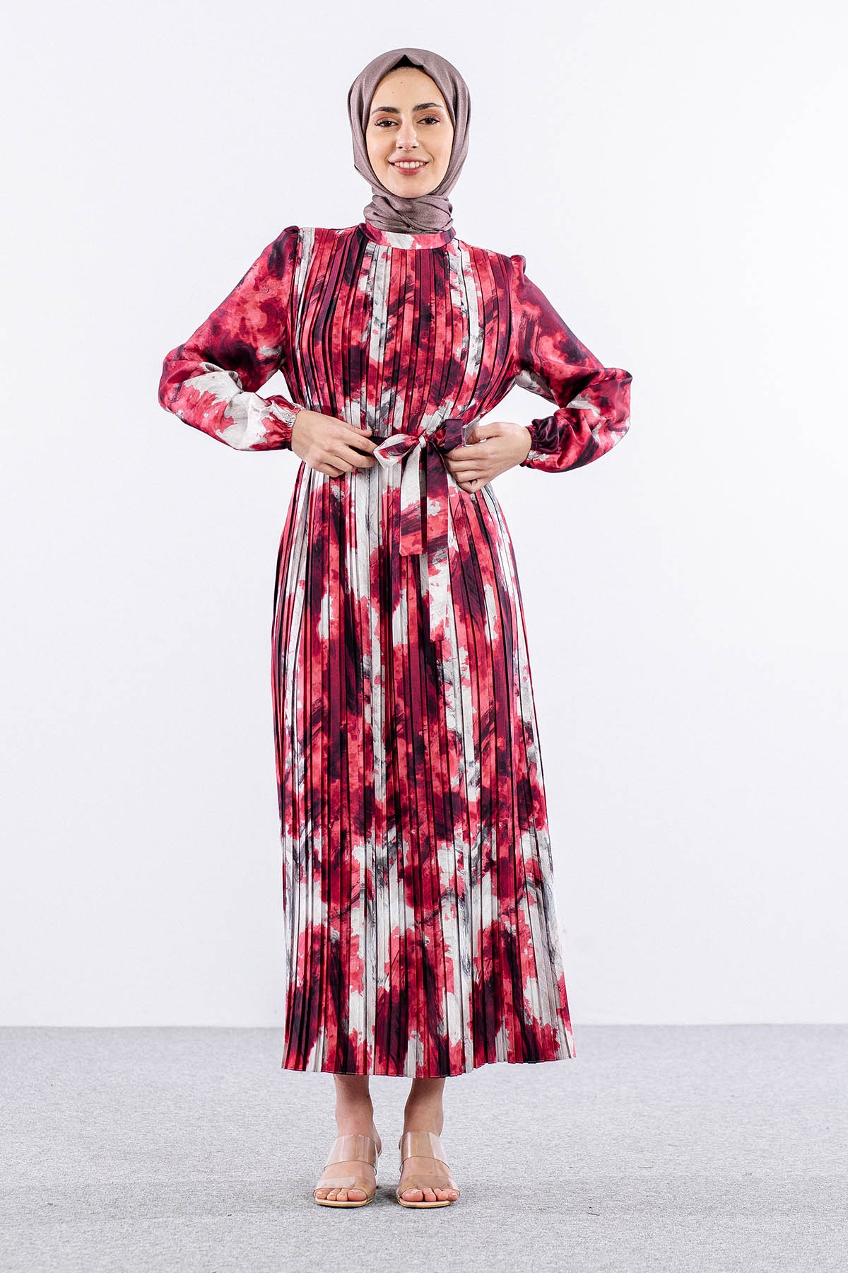 5936 Plise Elbise 1-1-2-2 - Kirmizi - 1