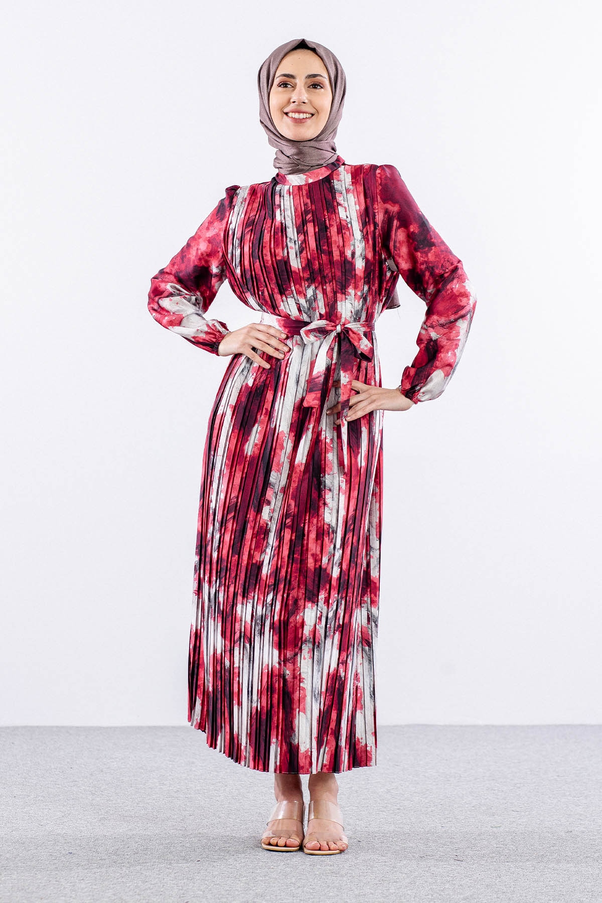 5936 Plise Elbise 1-1-2-2 - Kirmizi - 2