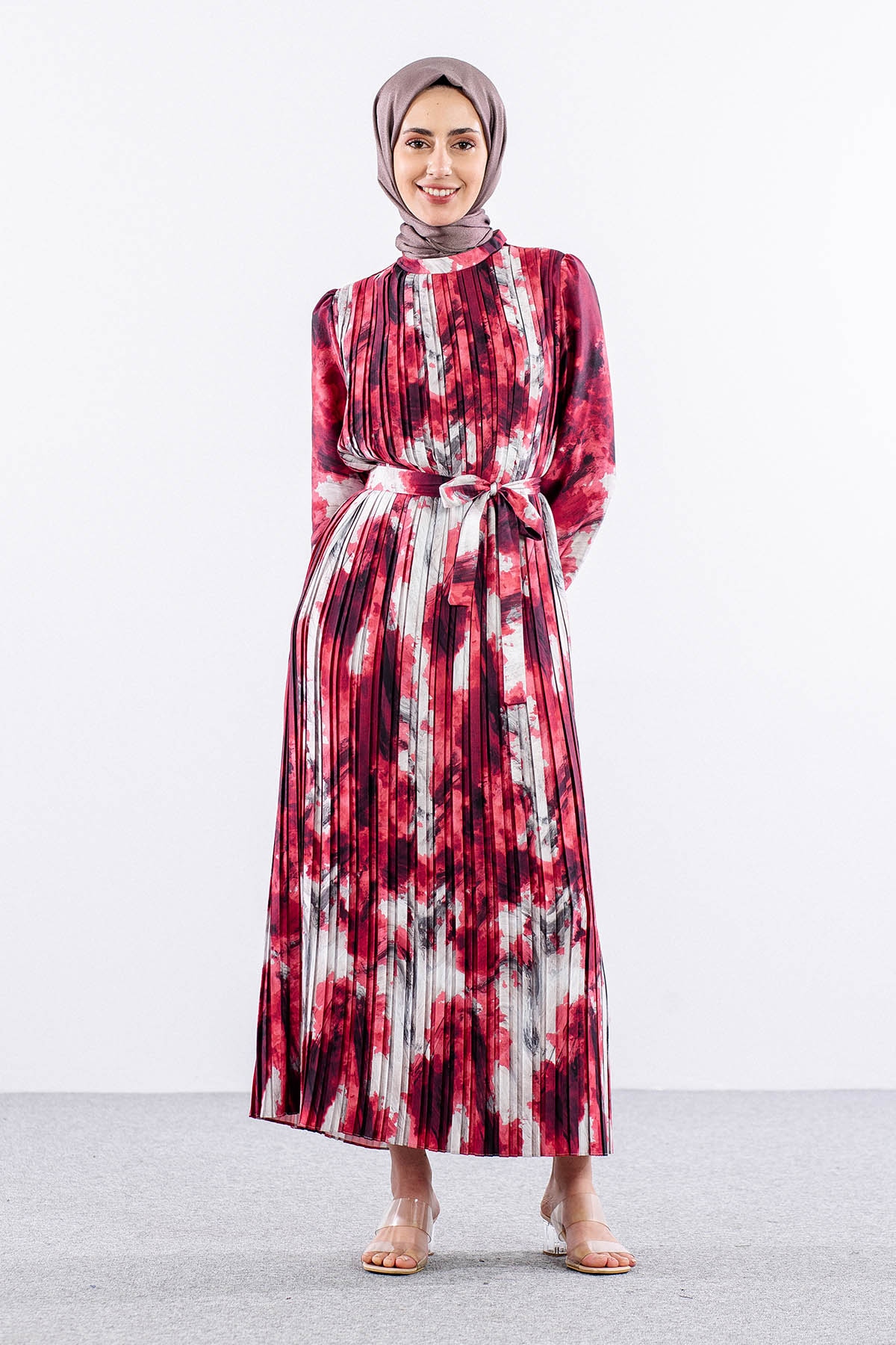 5936 Plise Elbise 1-1-2-2 - Kirmizi - 3