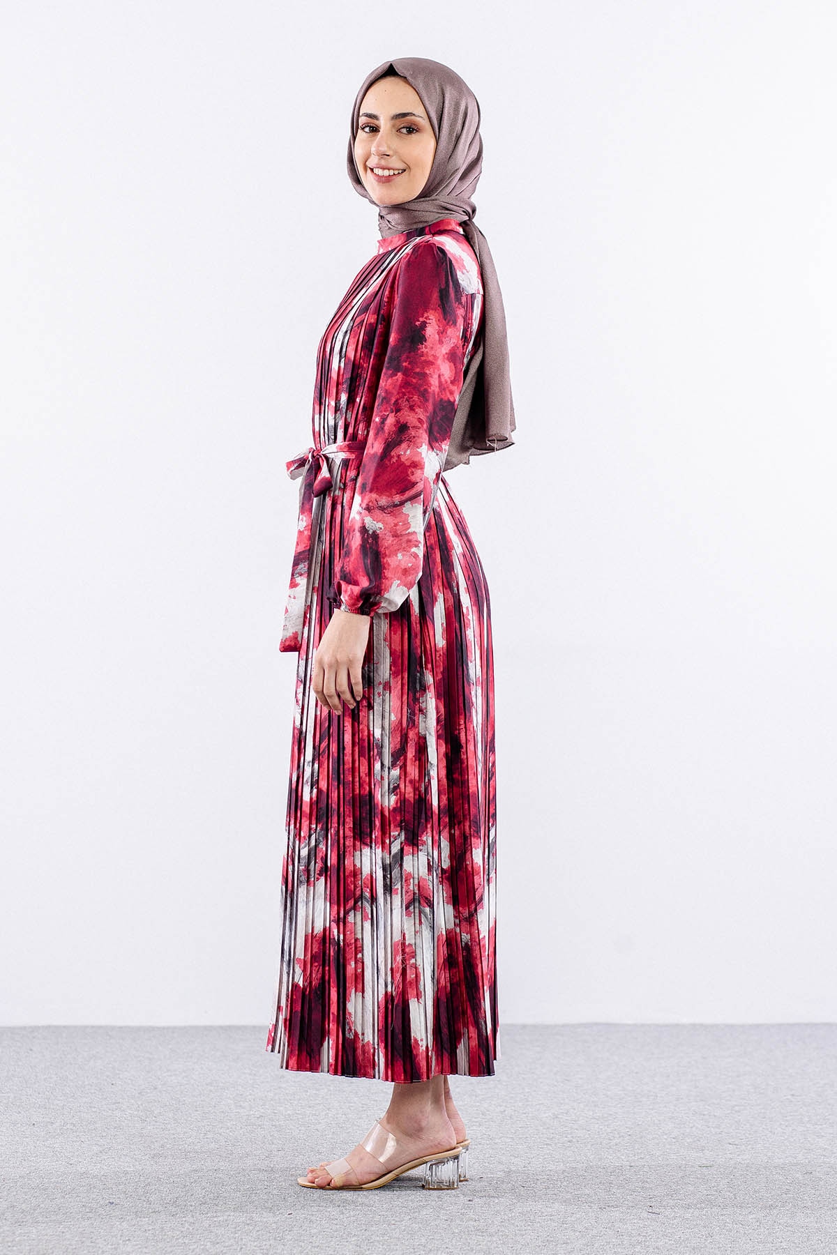 5936 Plise Elbise 1-1-2-2 - Kirmizi - 4