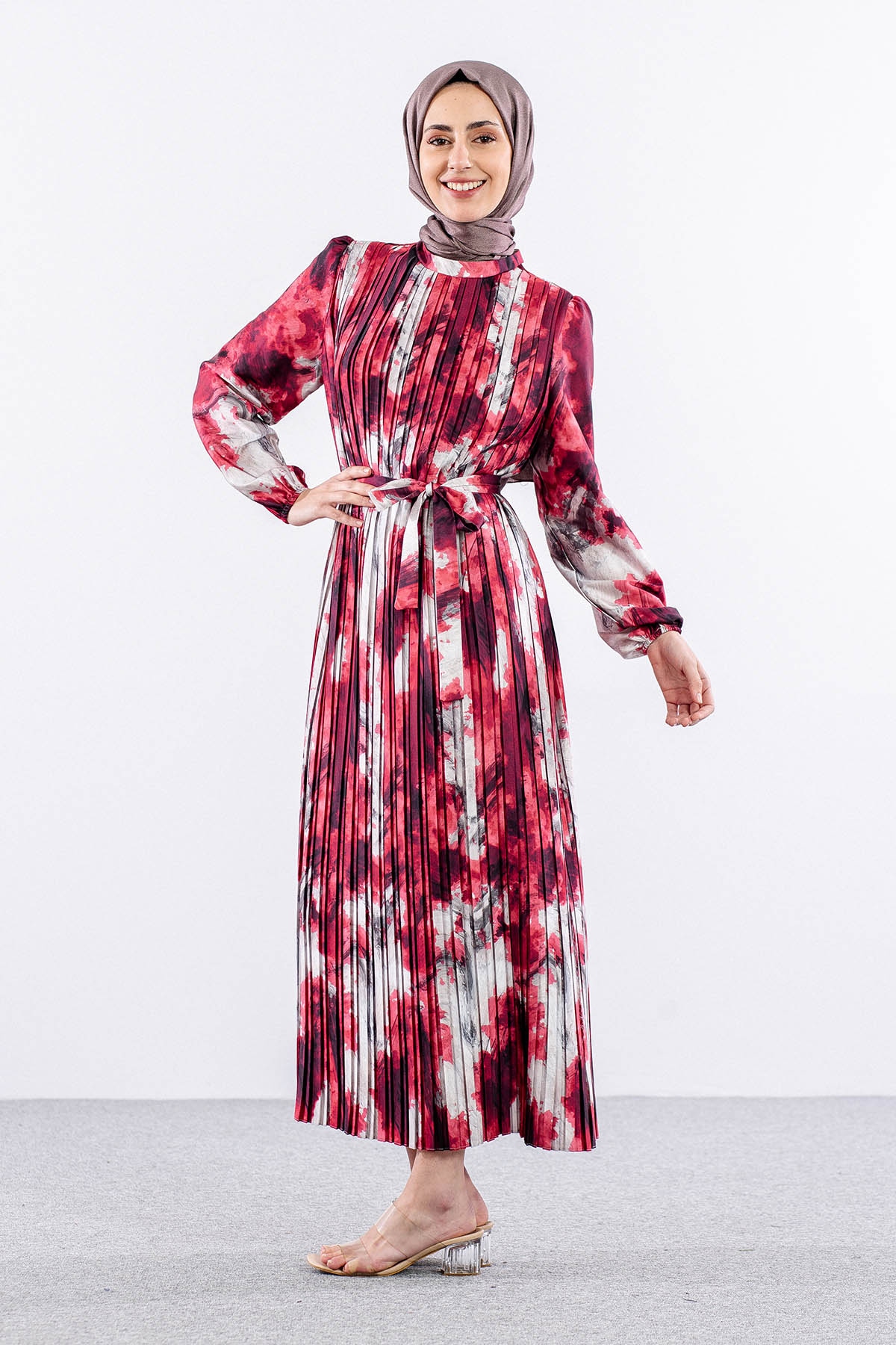 5936 Plise Elbise 1-1-2-2 - Kirmizi - 5