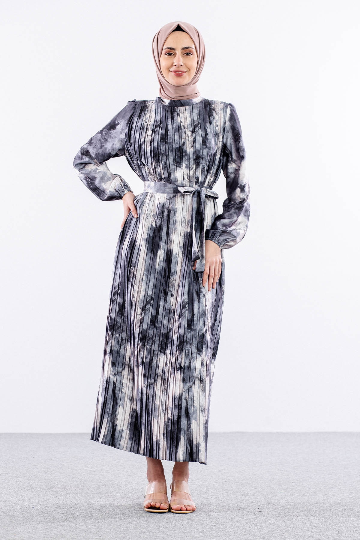 5936 Plise Elbise 1-1-2-2 - Siyah - 1