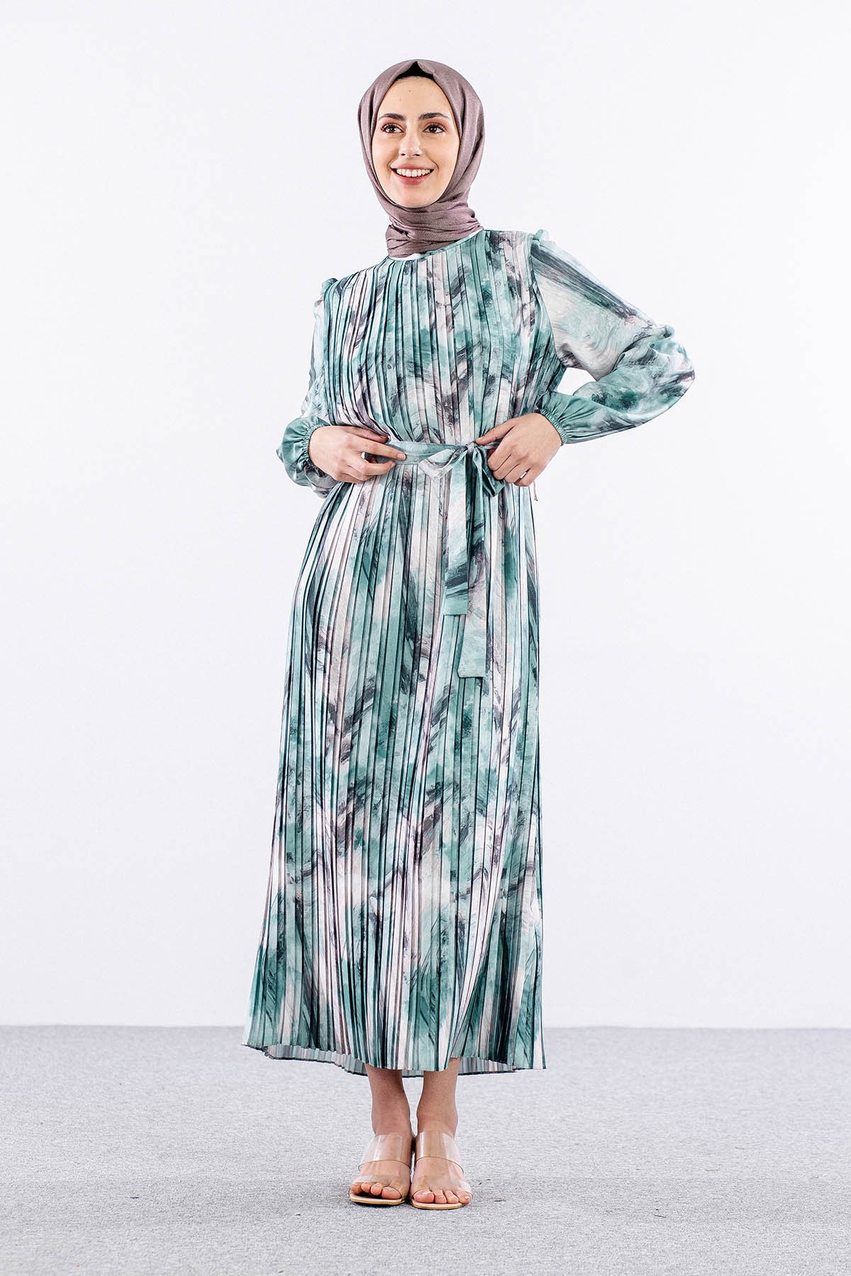 5936 Plise Elbise 1-1-2-2 - Yesil - 1