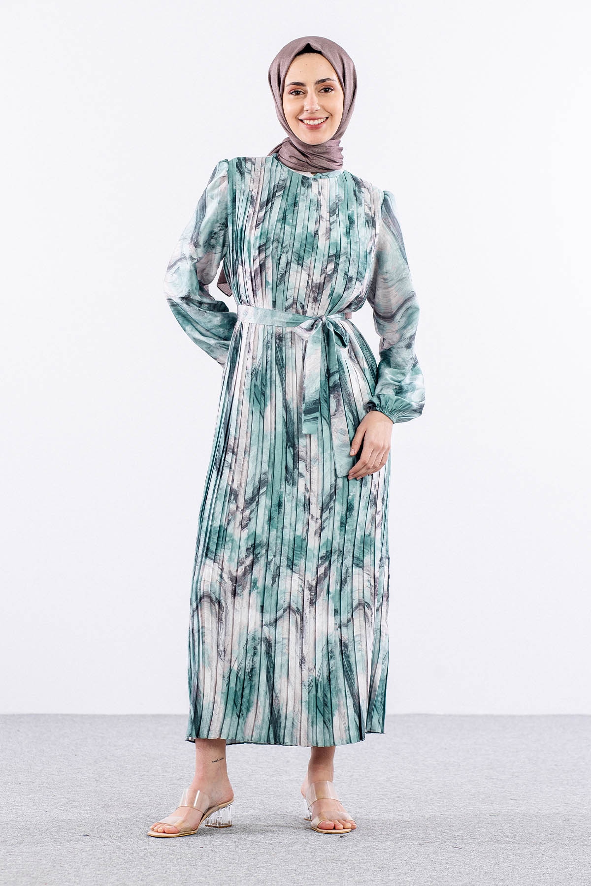 5936 Plise Elbise 1-1-2-2 - Yesil - 3