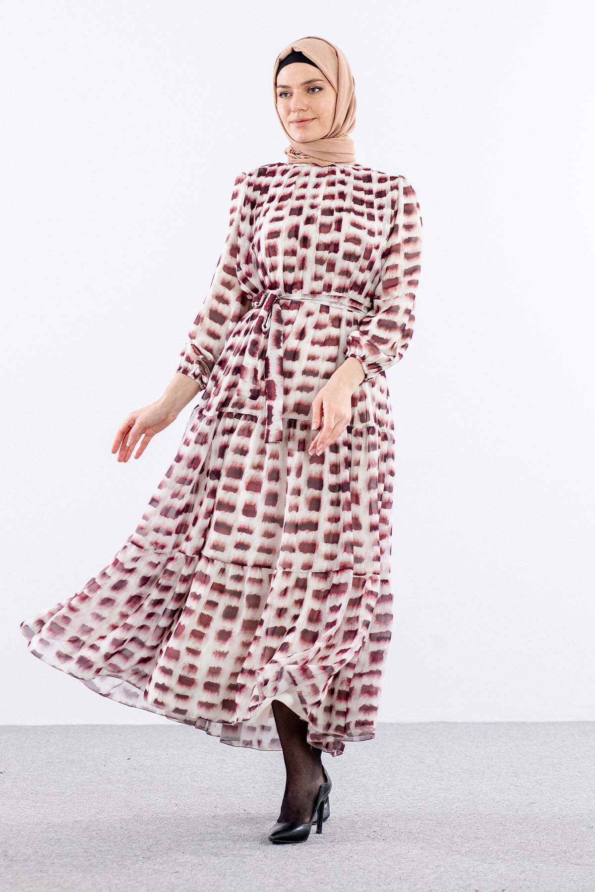 5942 Elbise 1-2-3 Kare Desen - Bordo - 1