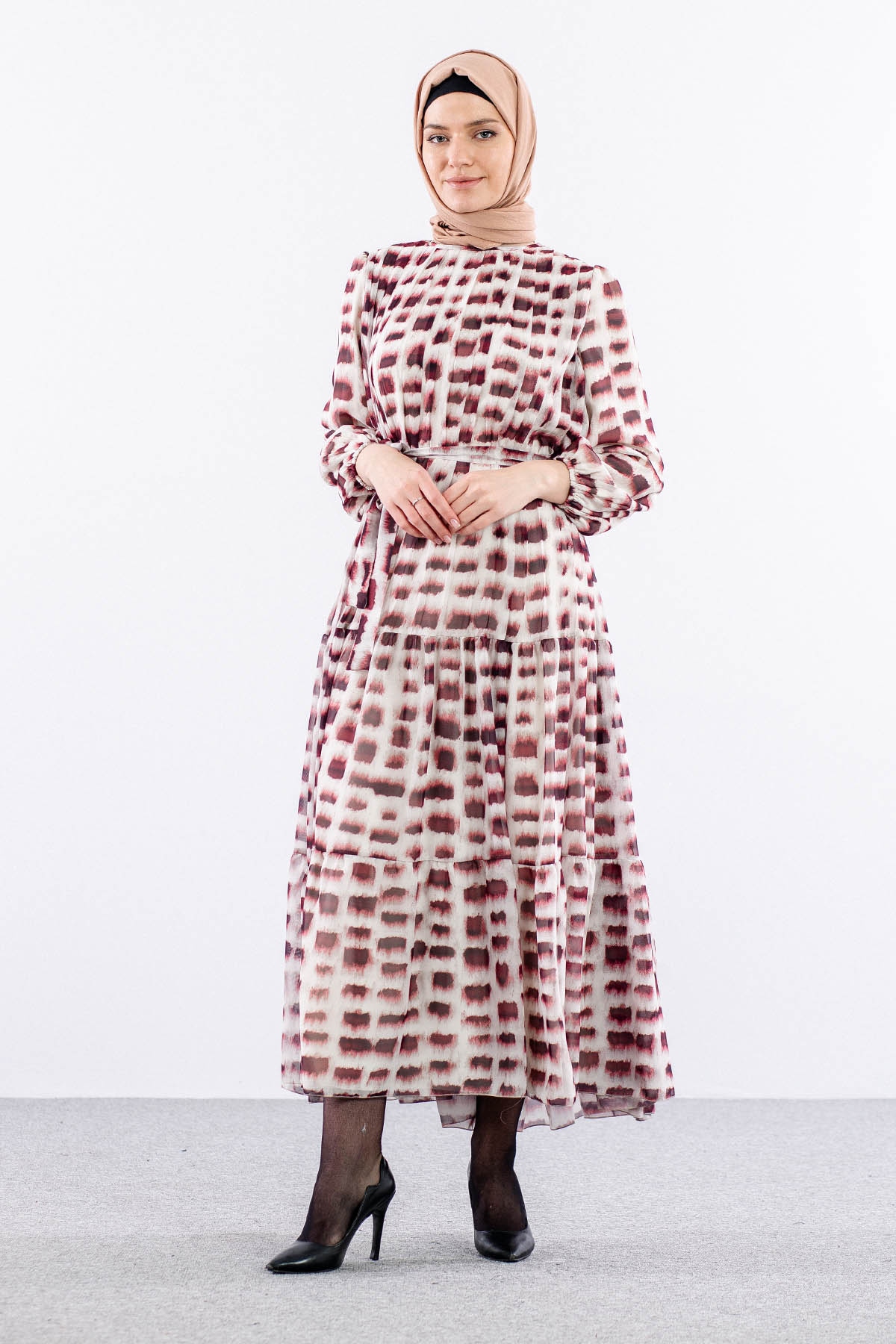 5942 Elbise 1-2-3 Kare Desen - Bordo - 2