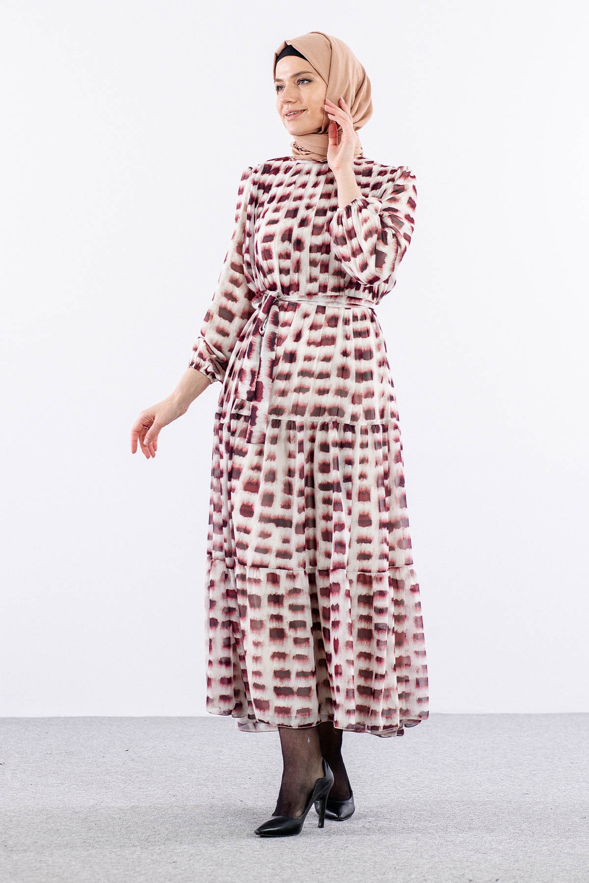 5942 Elbise 1-2-3 Kare Desen - Bordo - 3