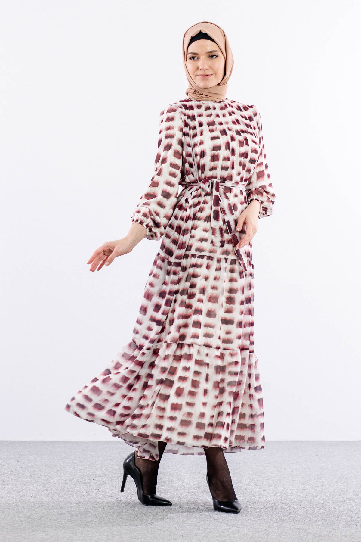 5942 Elbise 1-2-3 Kare Desen - Bordo - 4