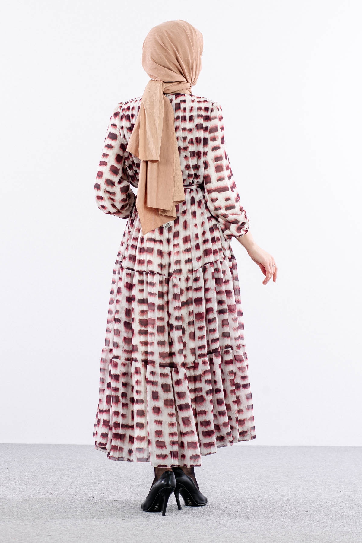 5942 Elbise 1-2-3 Kare Desen - Bordo - 5