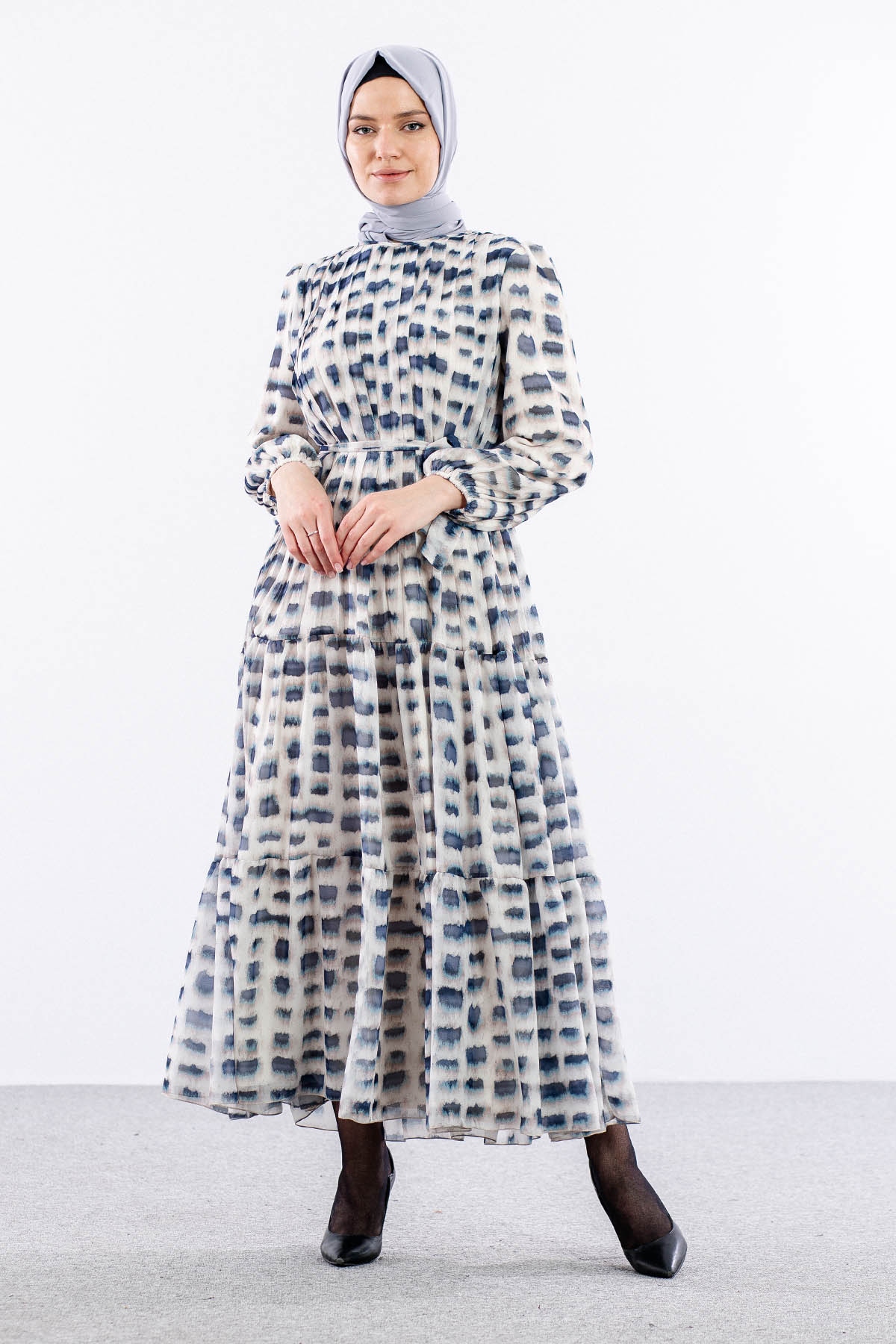 5942 Elbise 1-2-3 Kare Desen - Lacivert - 1