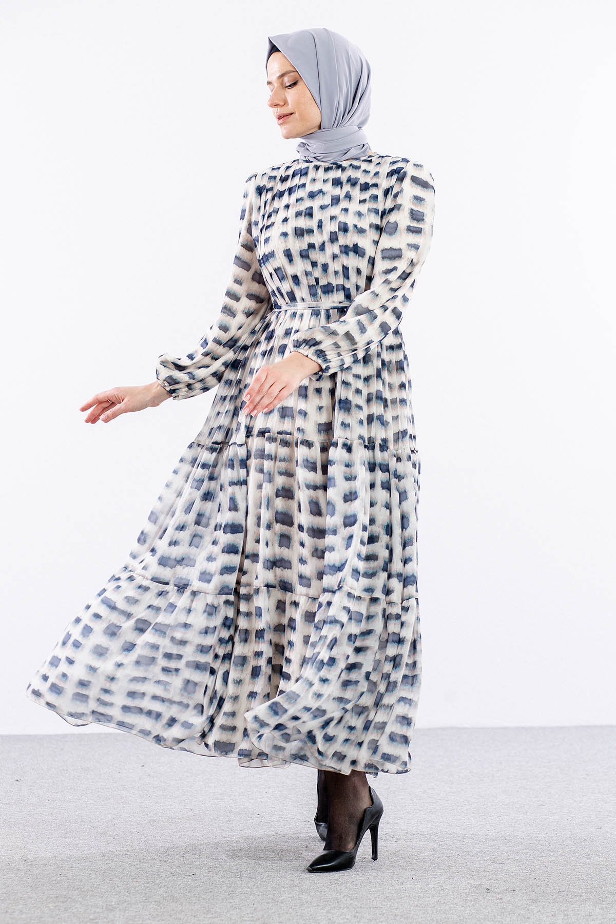 5942 Elbise 1-2-3 Kare Desen - Lacivert - 2