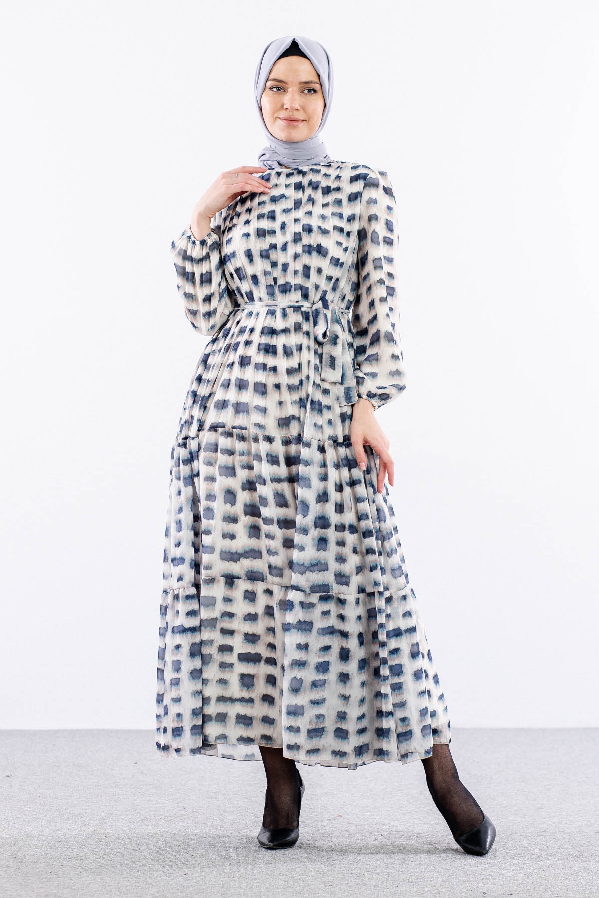 5942 Elbise 1-2-3 Kare Desen - Lacivert - 3