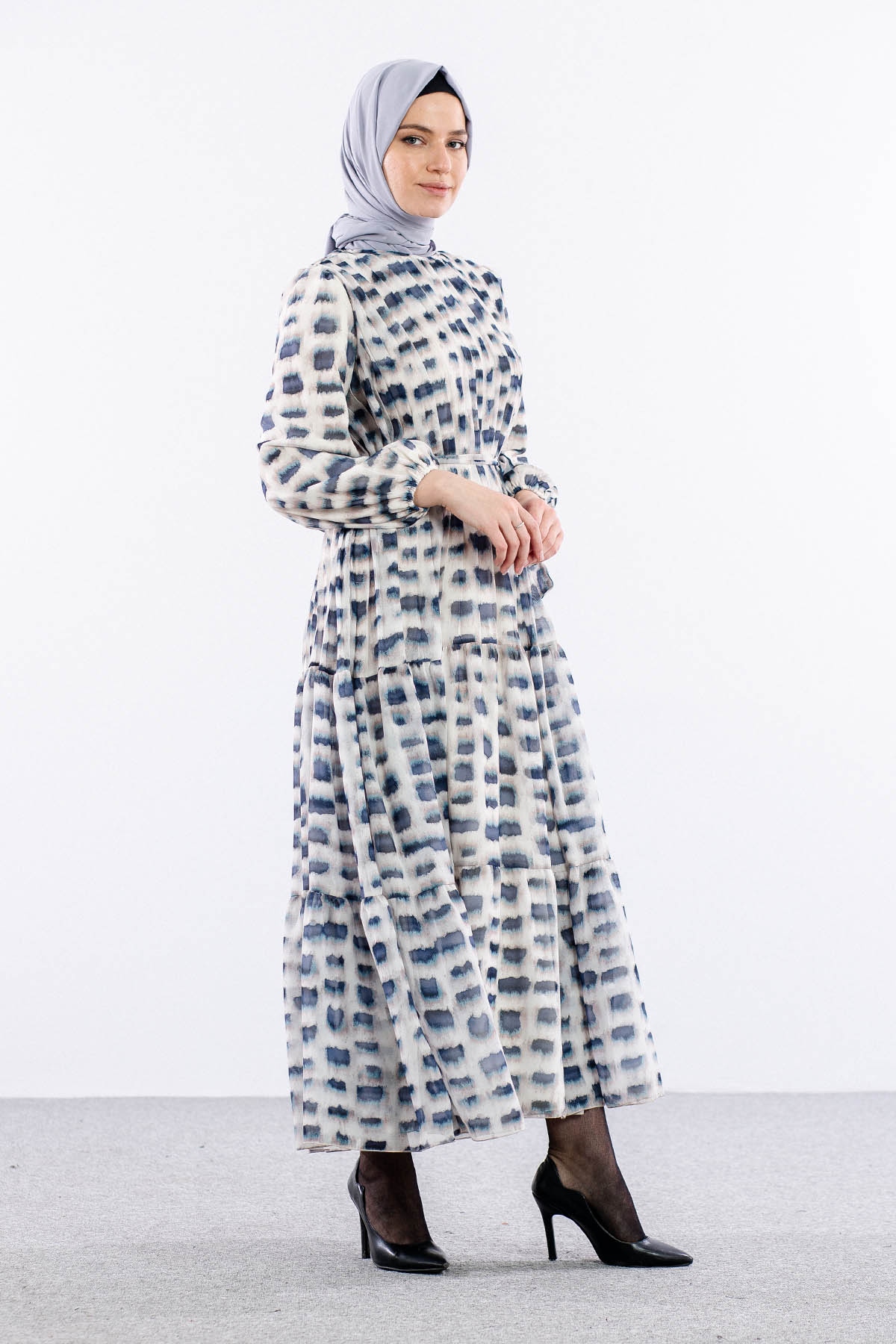 5942 Elbise 1-2-3 Kare Desen - Lacivert - 4