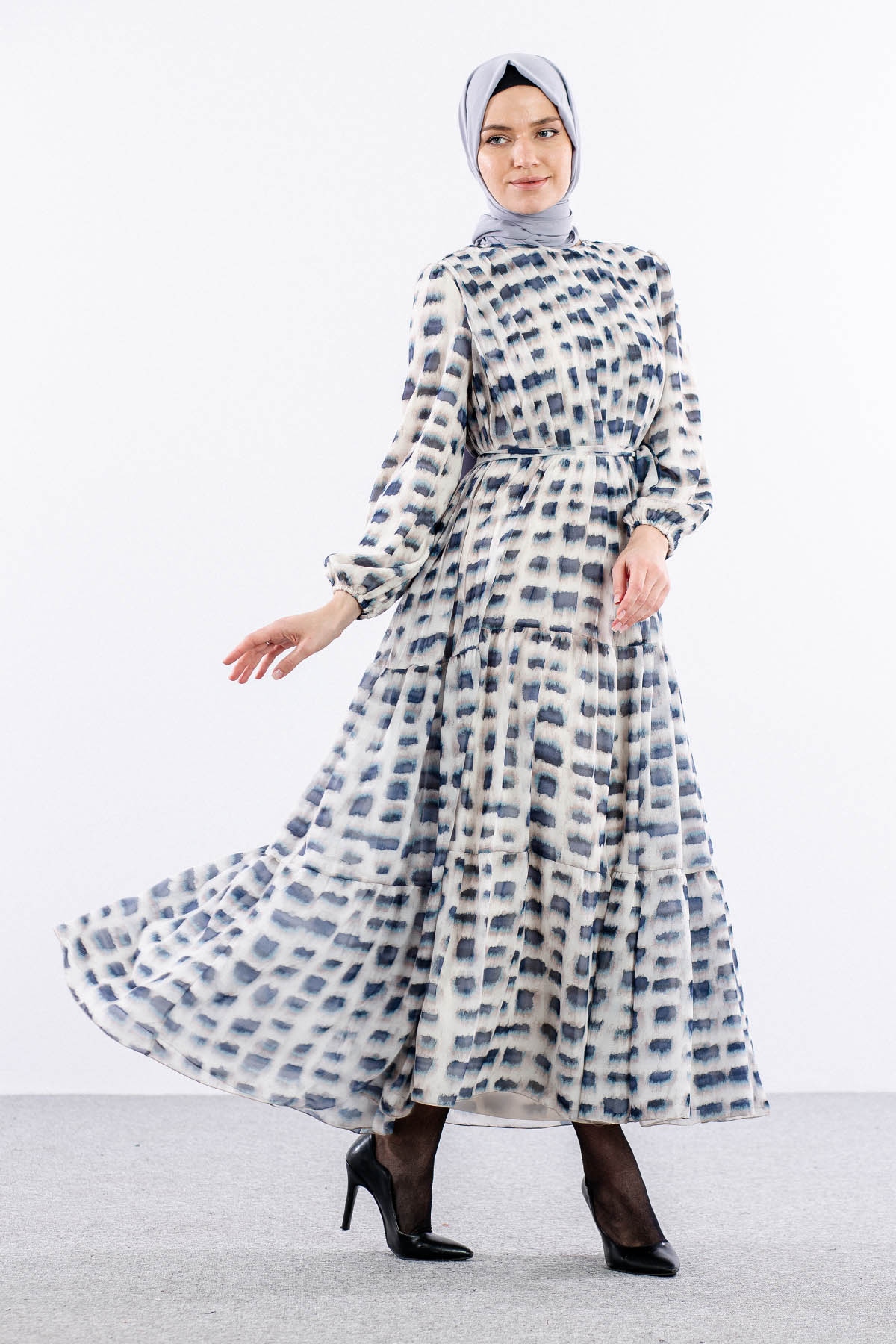 5942 Elbise 1-2-3 Kare Desen - Lacivert - 5