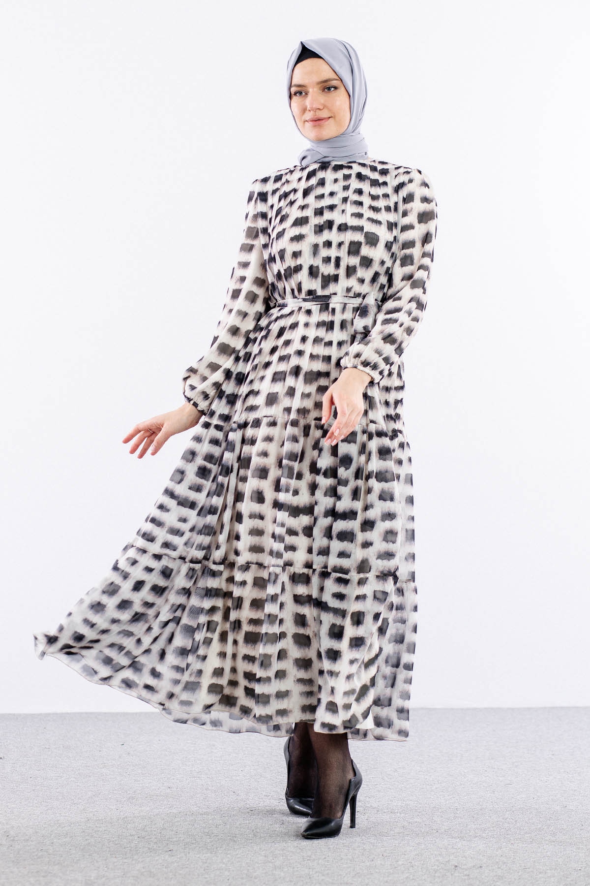 5942 Elbise 1-2-3 Kare Desen - Siyah - 1