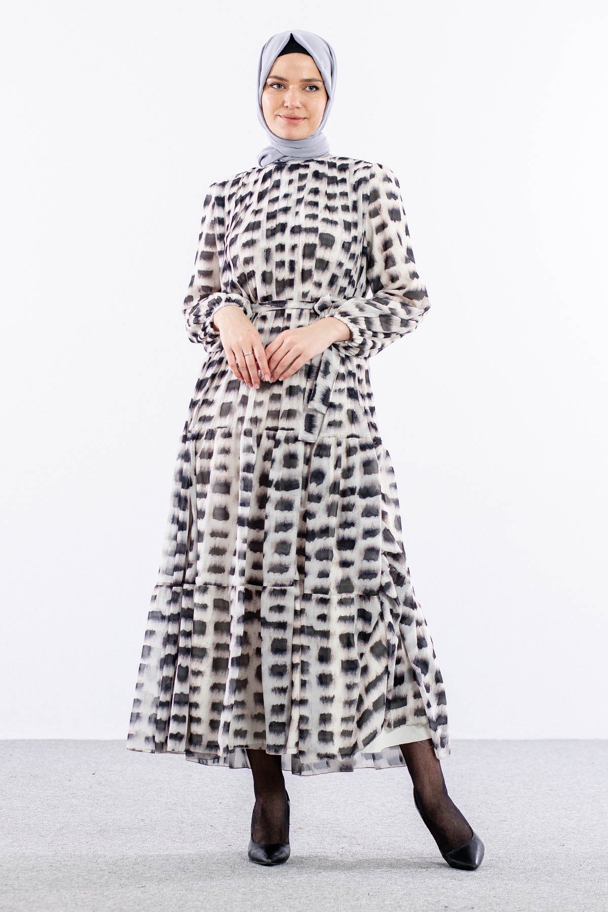 5942 Elbise 1-2-3 Kare Desen - Siyah - 2