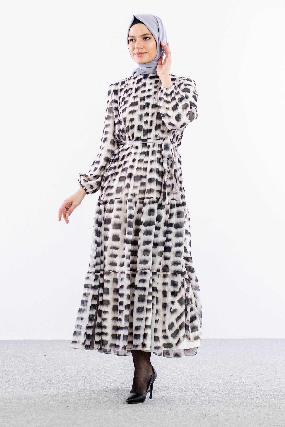 5942 Elbise 1-2-3 Kare Desen - Siyah - 3