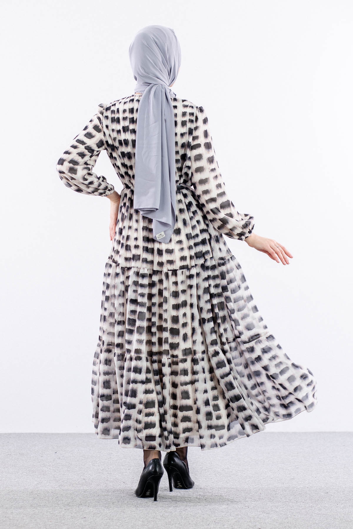 5942 Elbise 1-2-3 Kare Desen - Siyah - 5