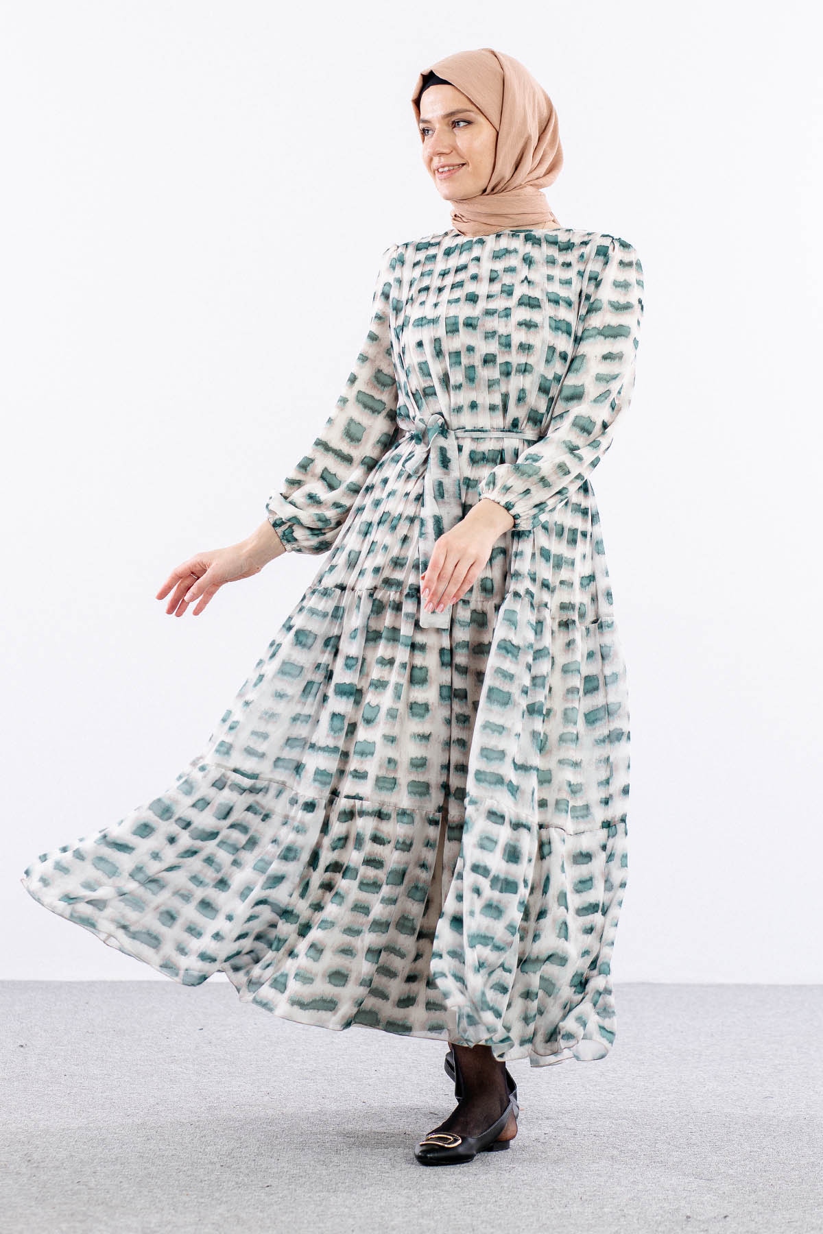 5942 Elbise 1-2-3 Kare Desen - Yesil - 1