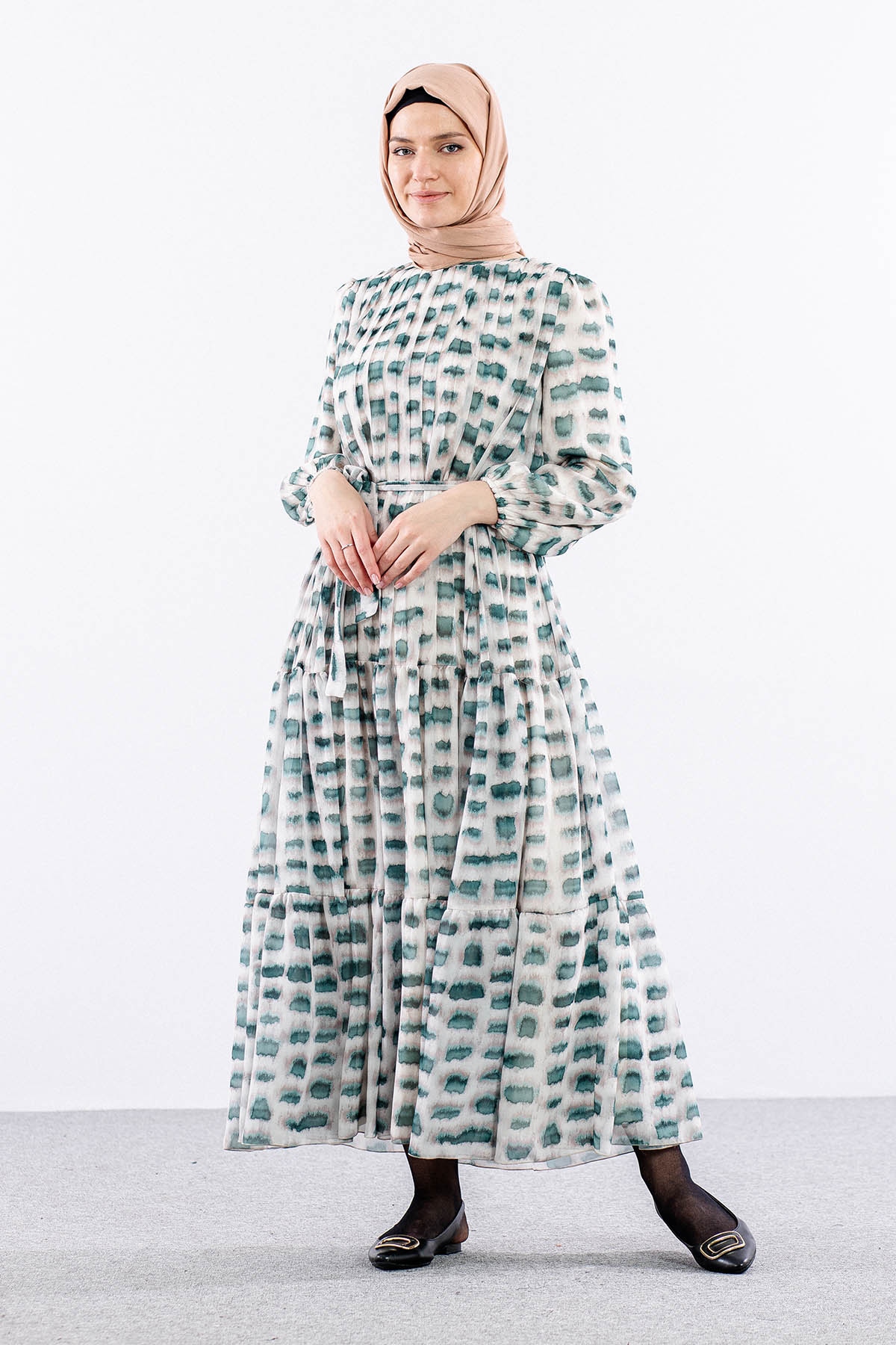 5942 Elbise 1-2-3 Kare Desen - Yesil - 2