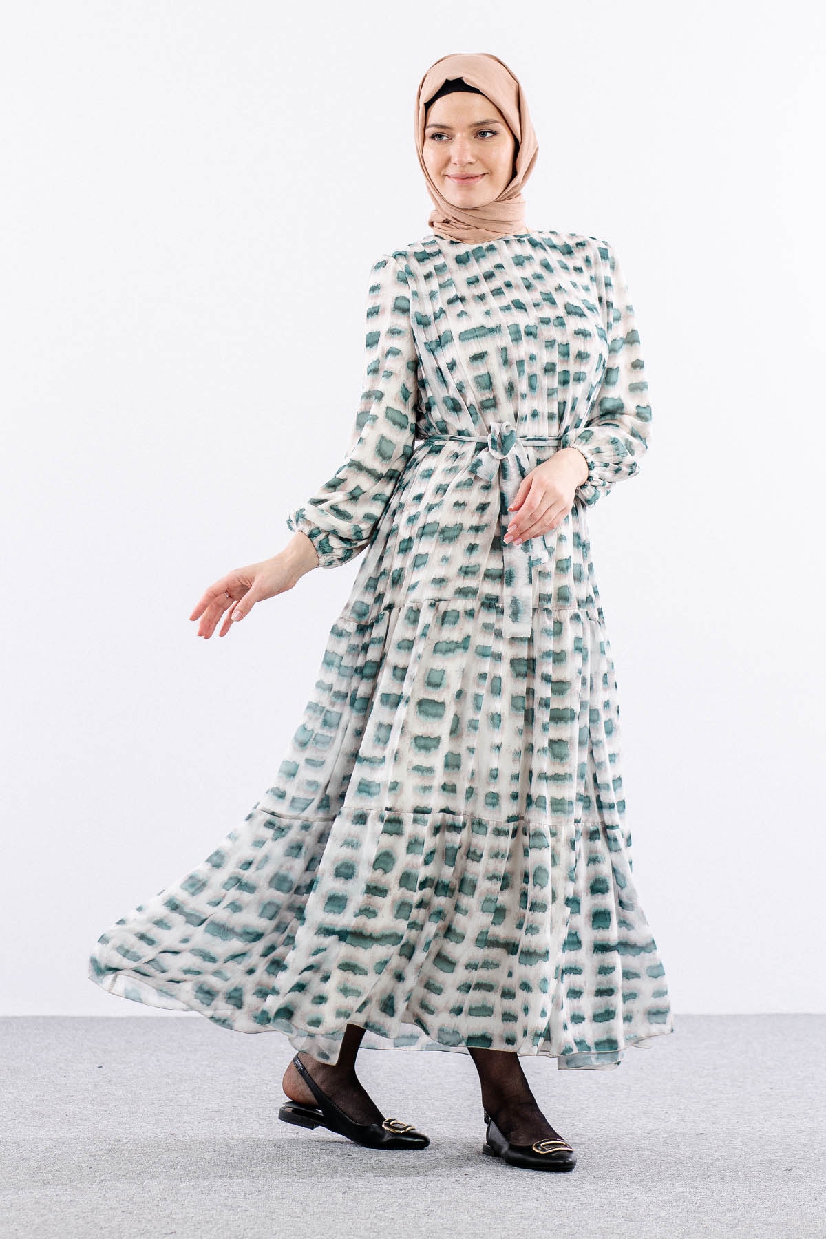 5942 Elbise 1-2-3 Kare Desen - Yesil - 3