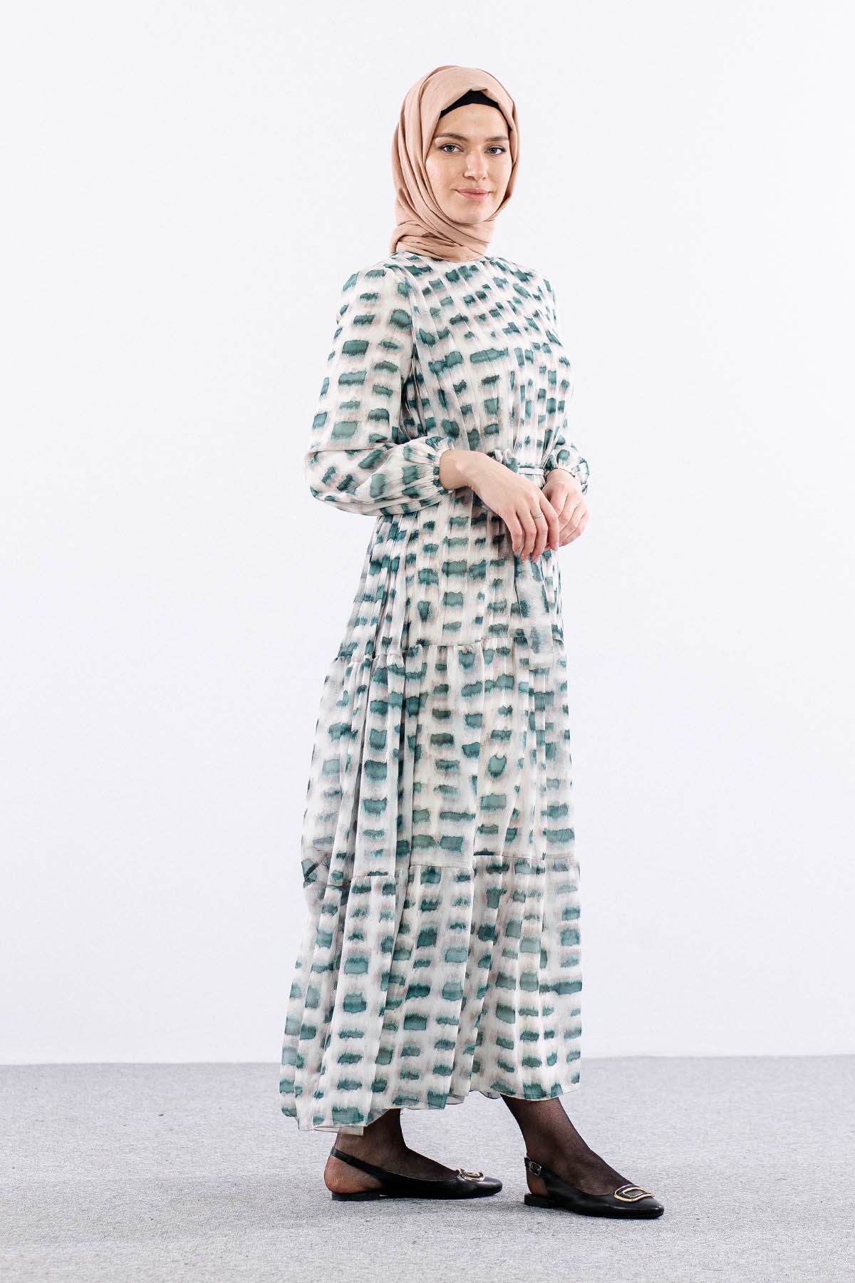 5942 Elbise 1-2-3 Kare Desen - Yesil - 4