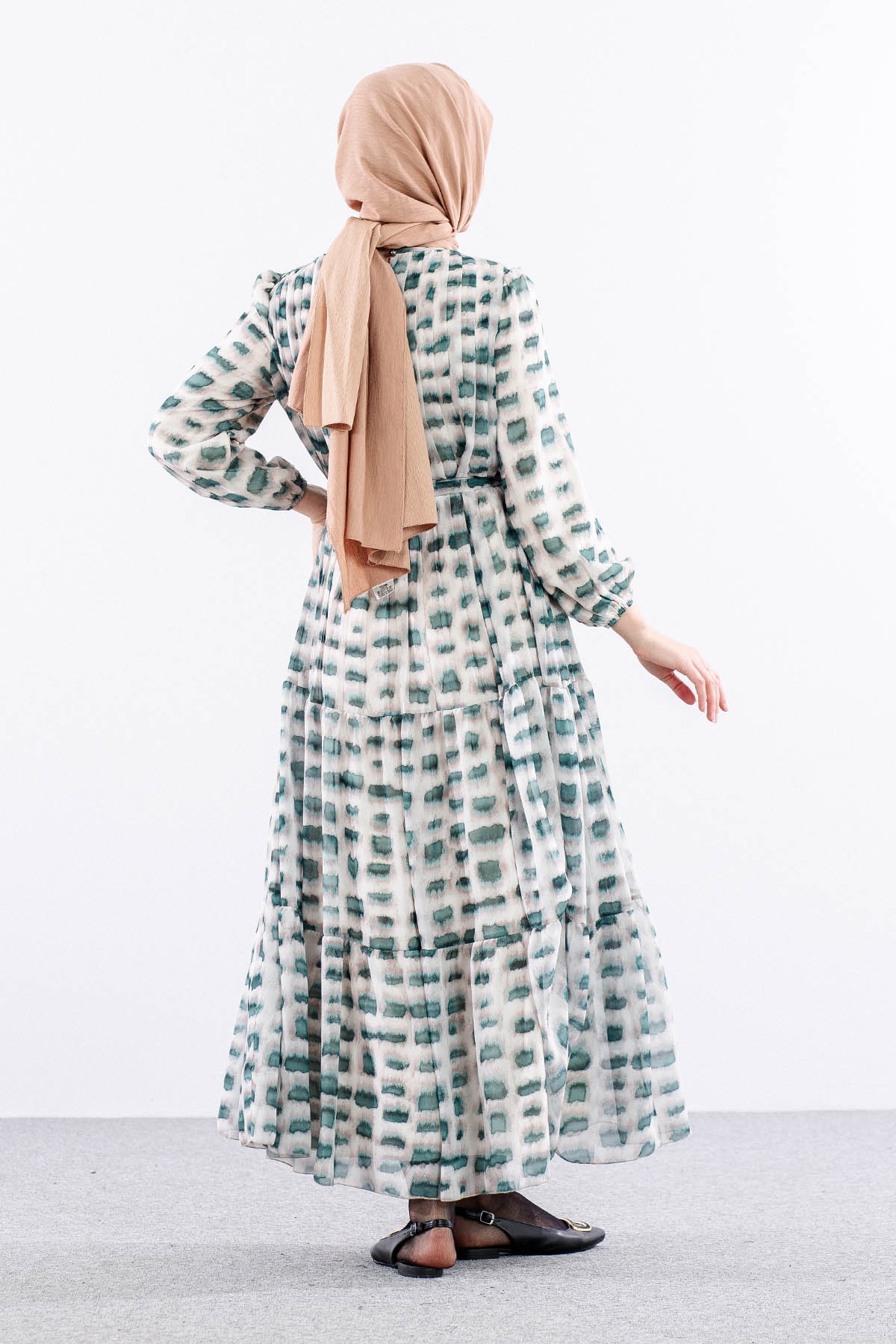 5942 Elbise 1-2-3 Kare Desen - Yesil - 5