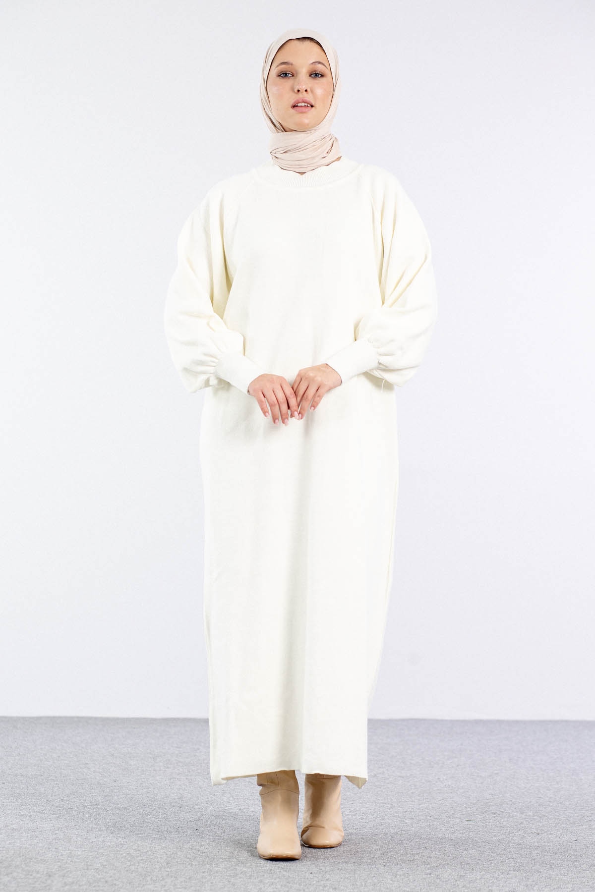 6045 Triko Elbise Tek Bln - Ekru - 1