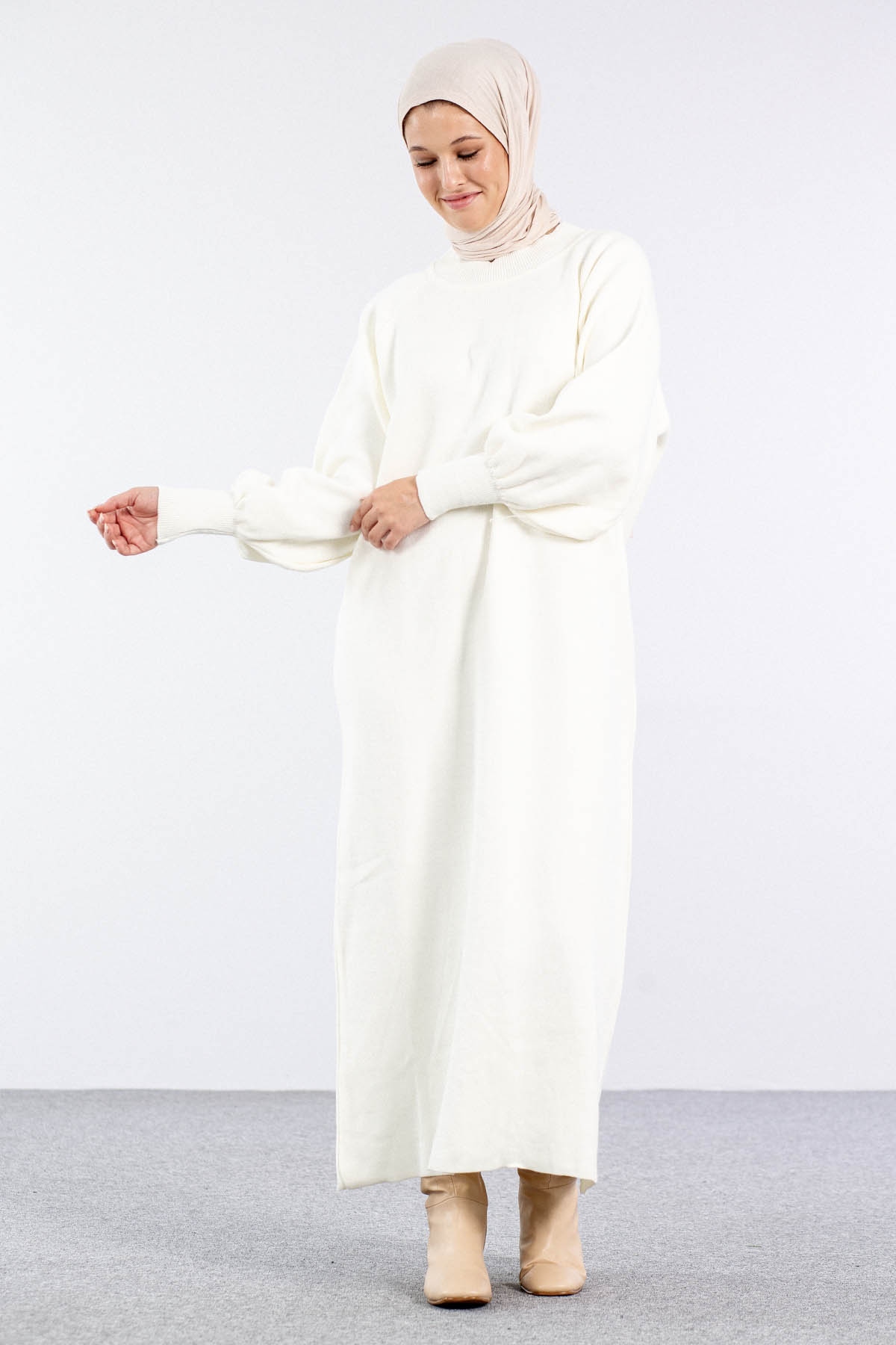 6045 Triko Elbise Tek Bln - Ekru - 2