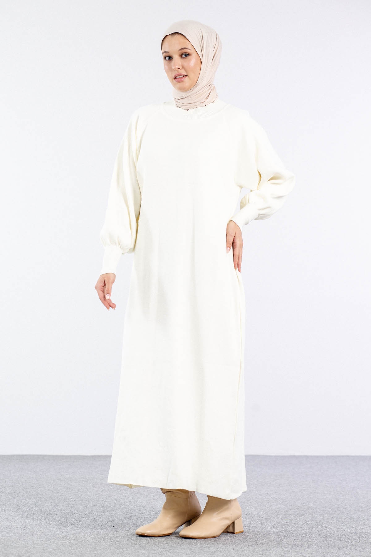 6045 Triko Elbise Tek Bln - Ekru - 3