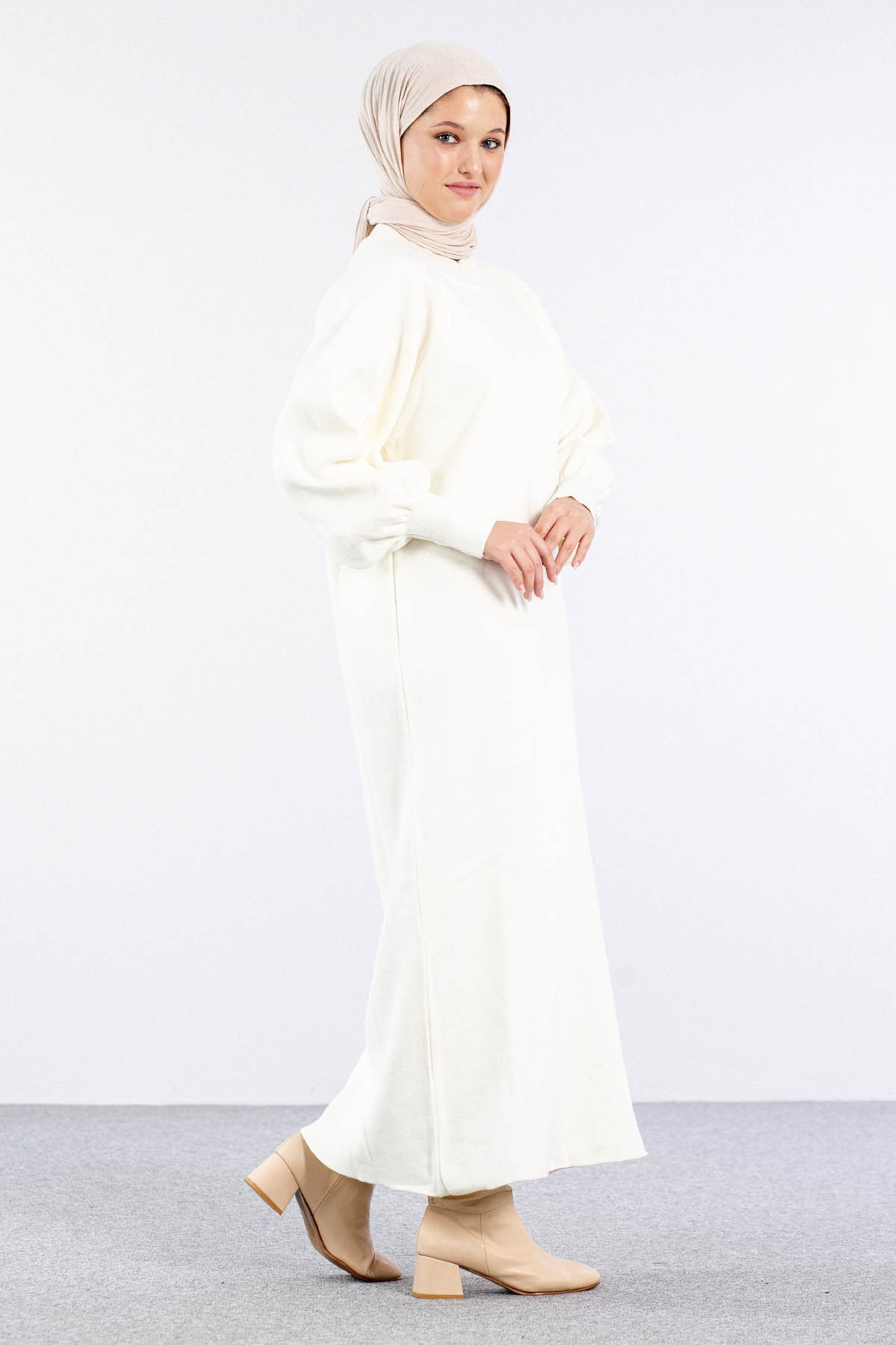 6045 Triko Elbise Tek Bln - Ekru - 5