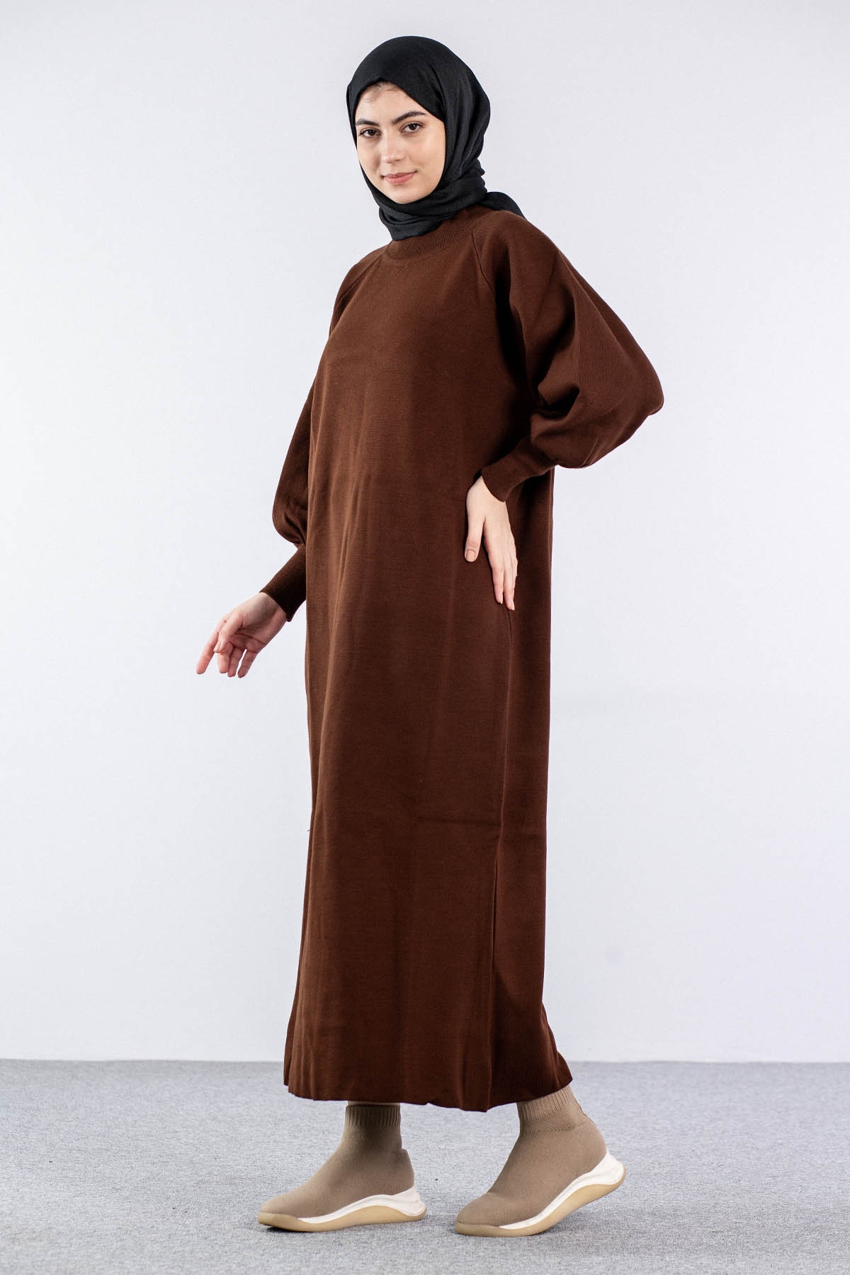 6045 Triko Elbise Tek Bln - Kahve - 2