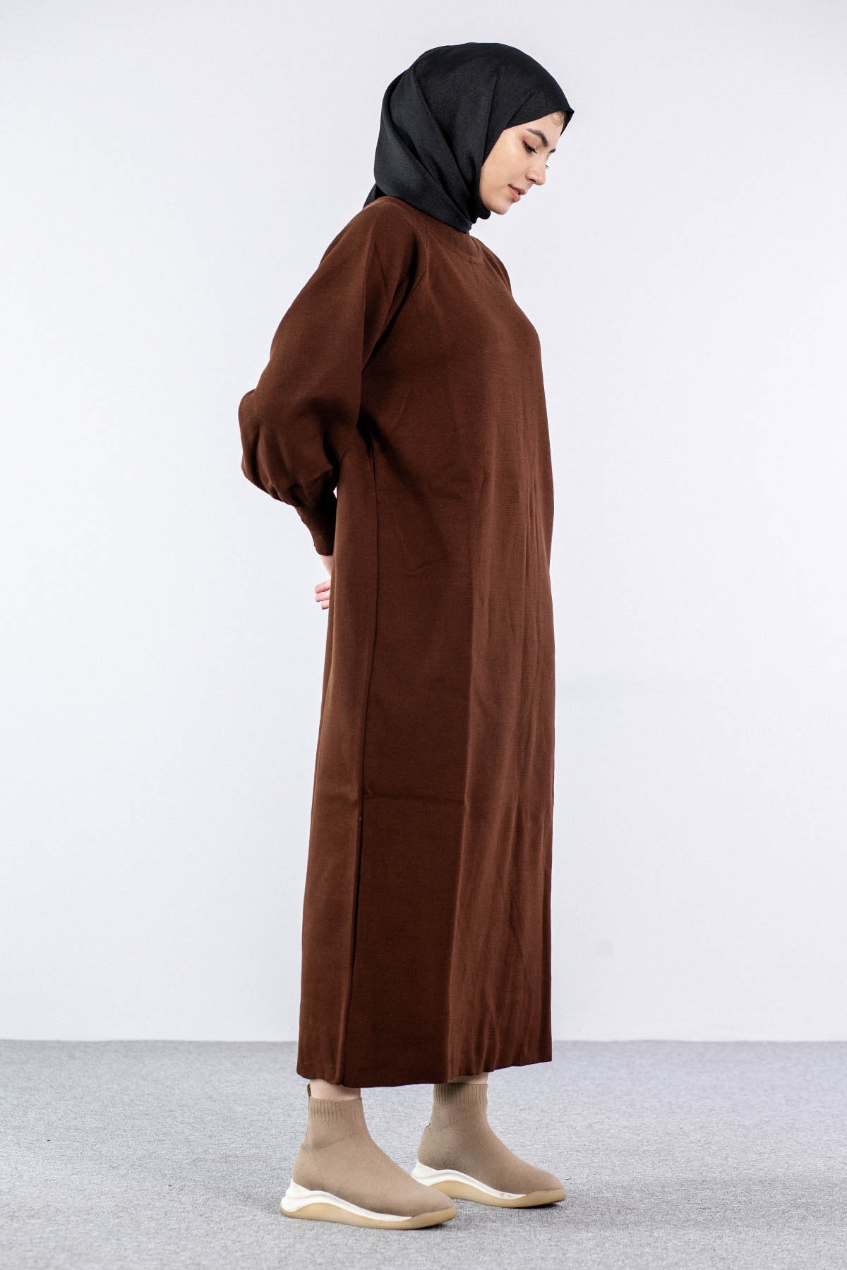 6045 Triko Elbise Tek Bln - Kahve - 3