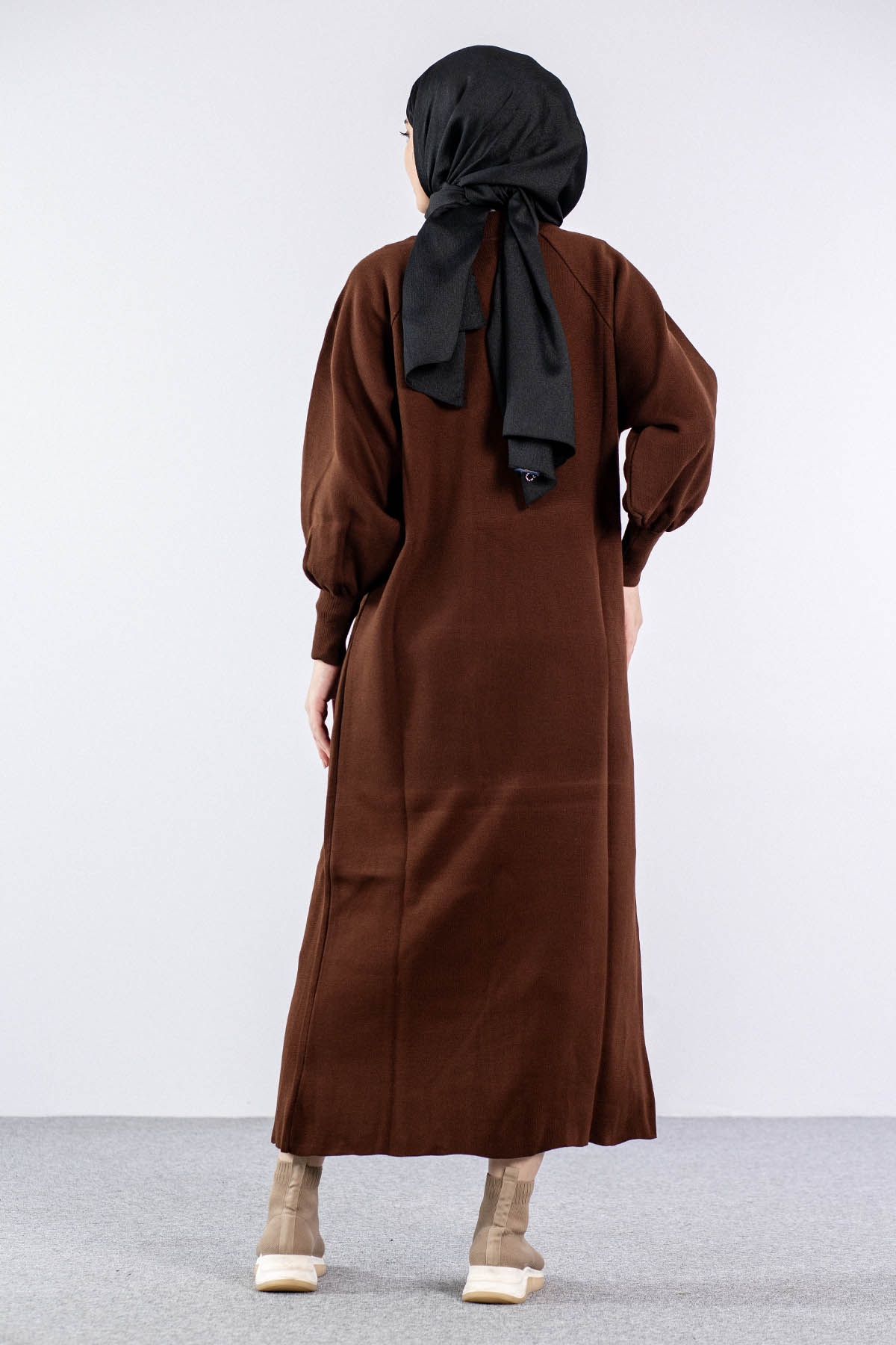 6045 Triko Elbise Tek Bln - Kahve - 4