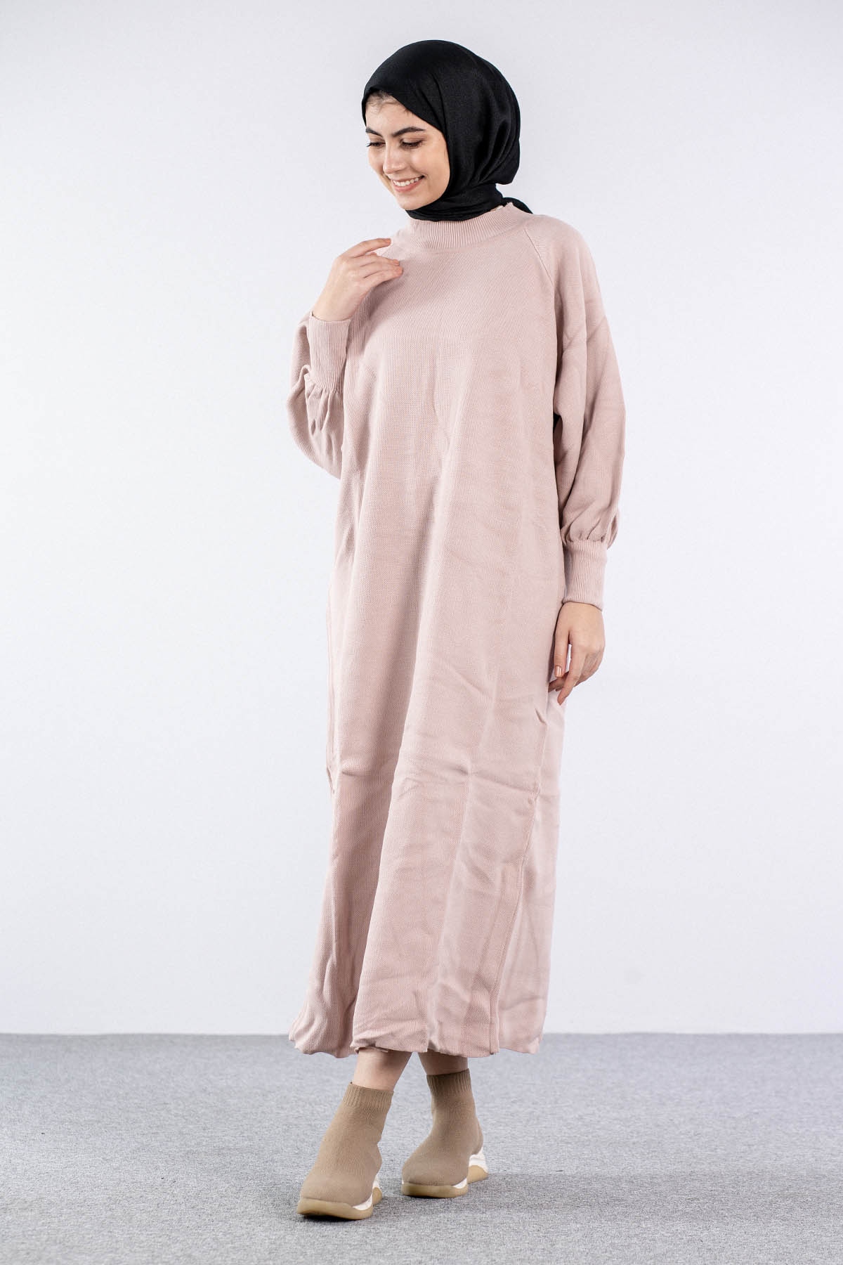 6045 Triko Elbise Tek Bln - Pudra - 1