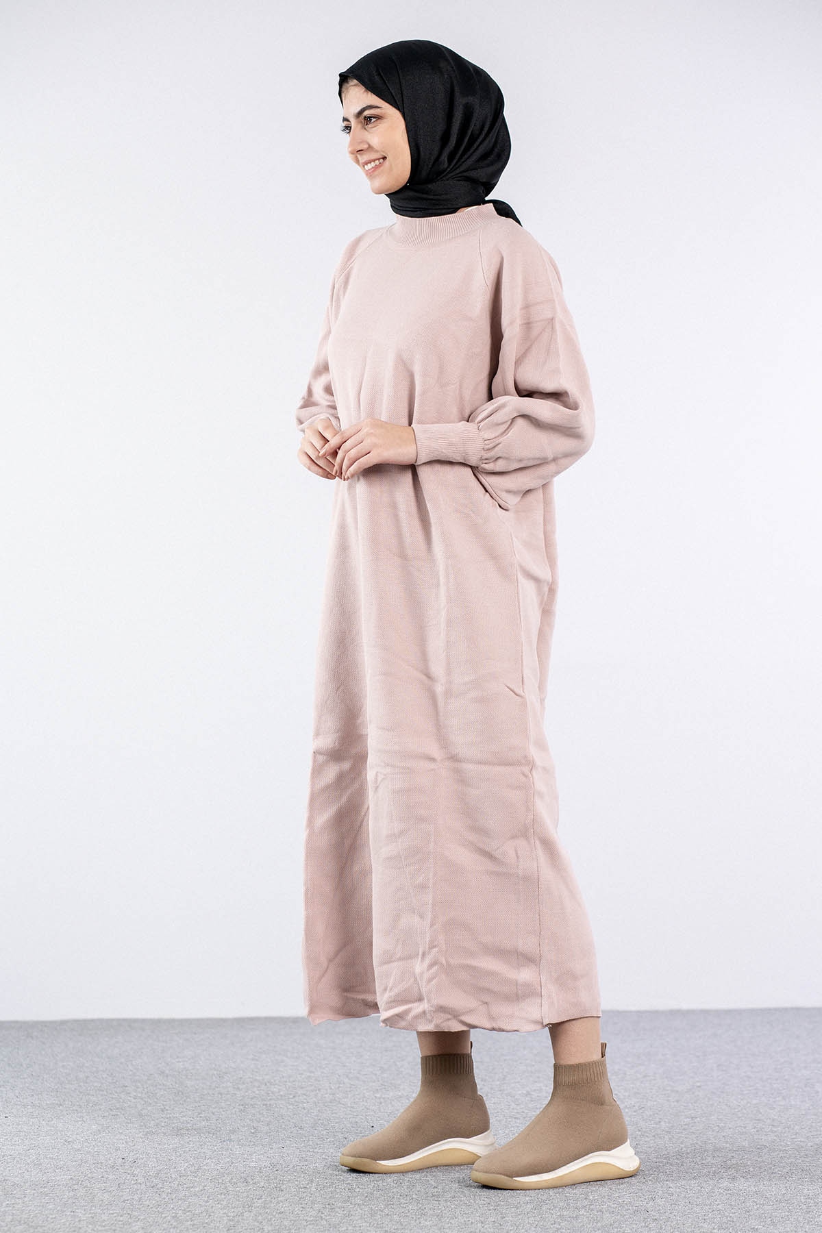 6045 Triko Elbise Tek Bln - Pudra - 3