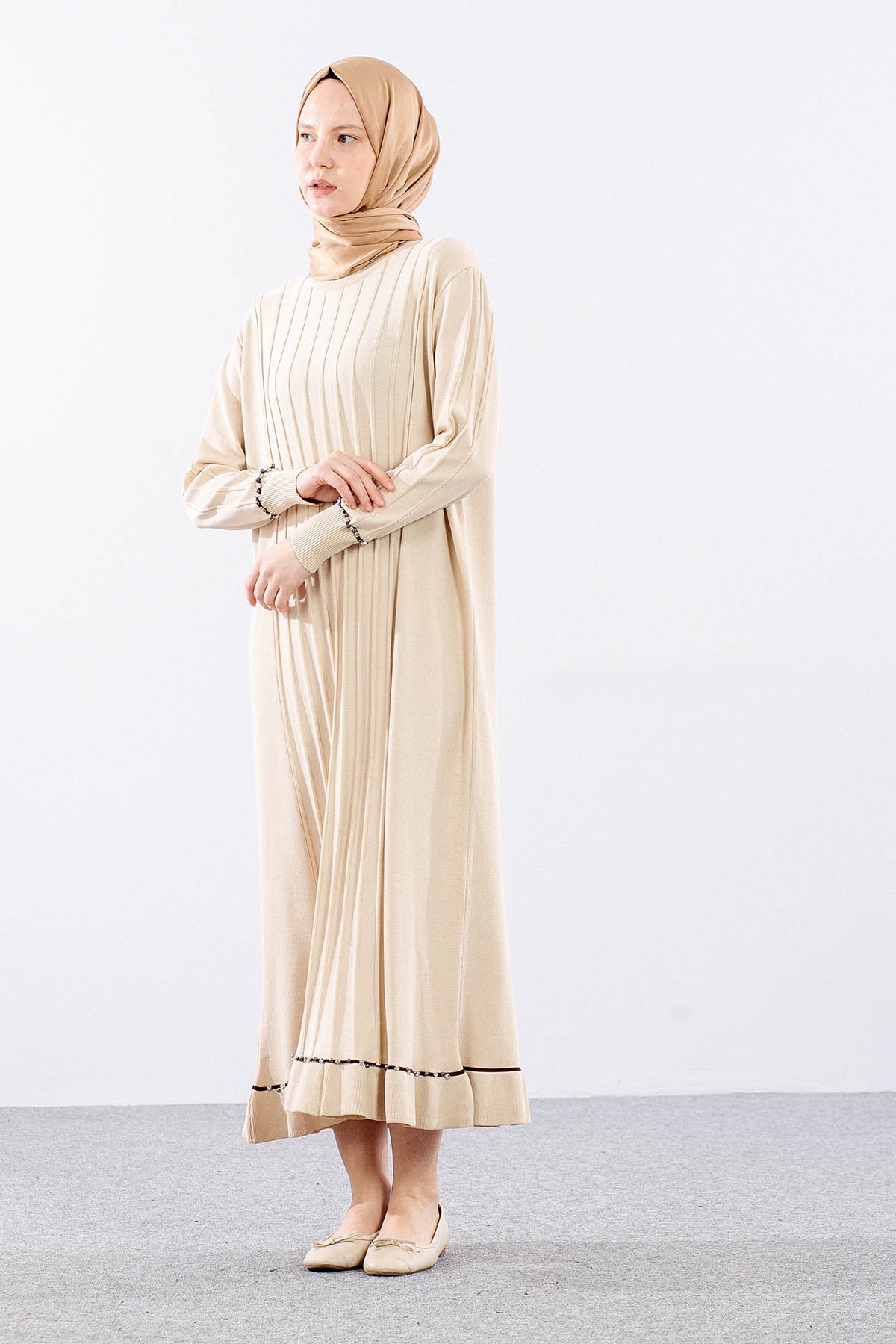 6745 Triko Elbise Tek - Bej - 1