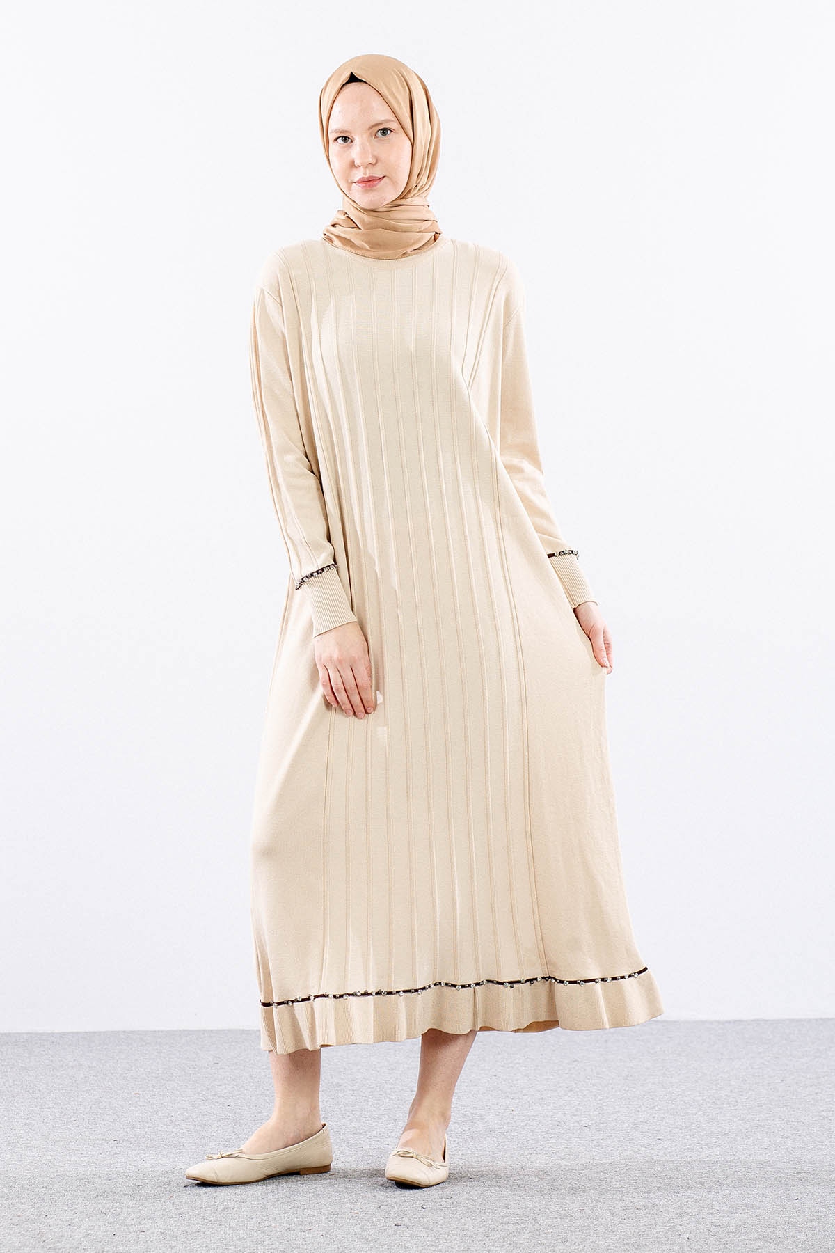 6745 Triko Elbise Tek - Bej - 2