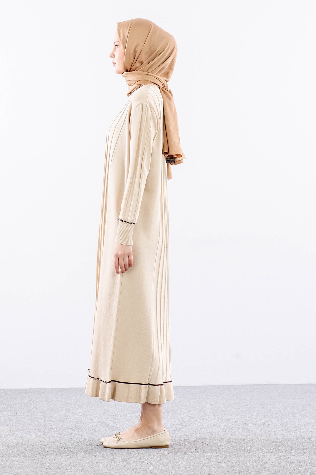 6745 Triko Elbise Tek - Bej - 5