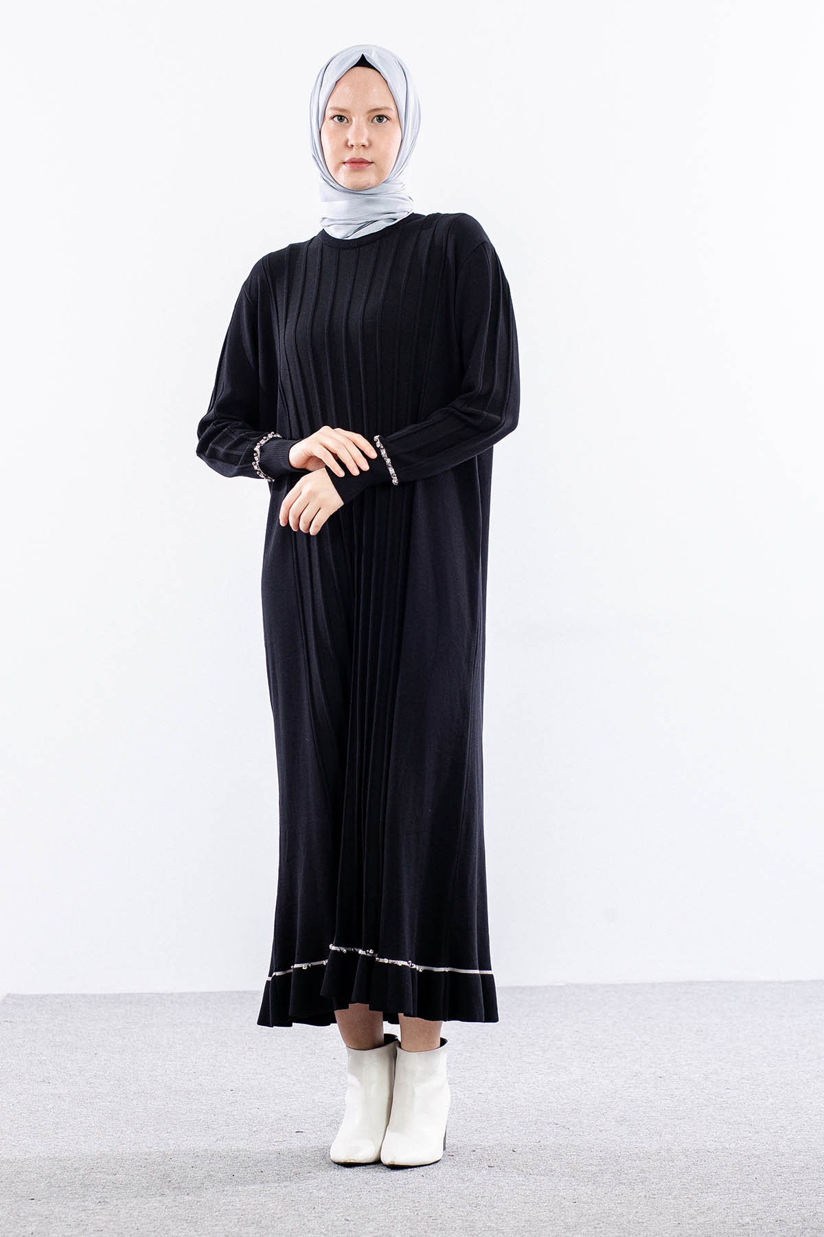 6745 Triko Elbise Tek - Siyah - 1