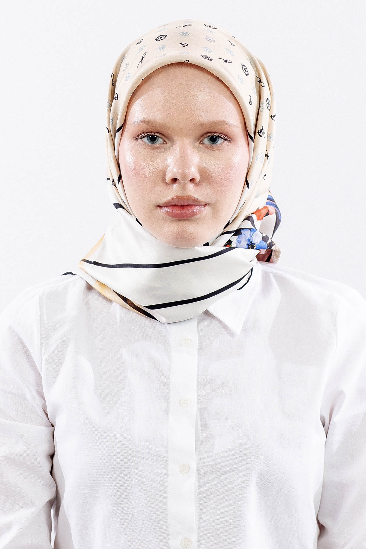 6795 İpek Eşarp 90*90 Tvil Monogram - Kahve-krem - 1