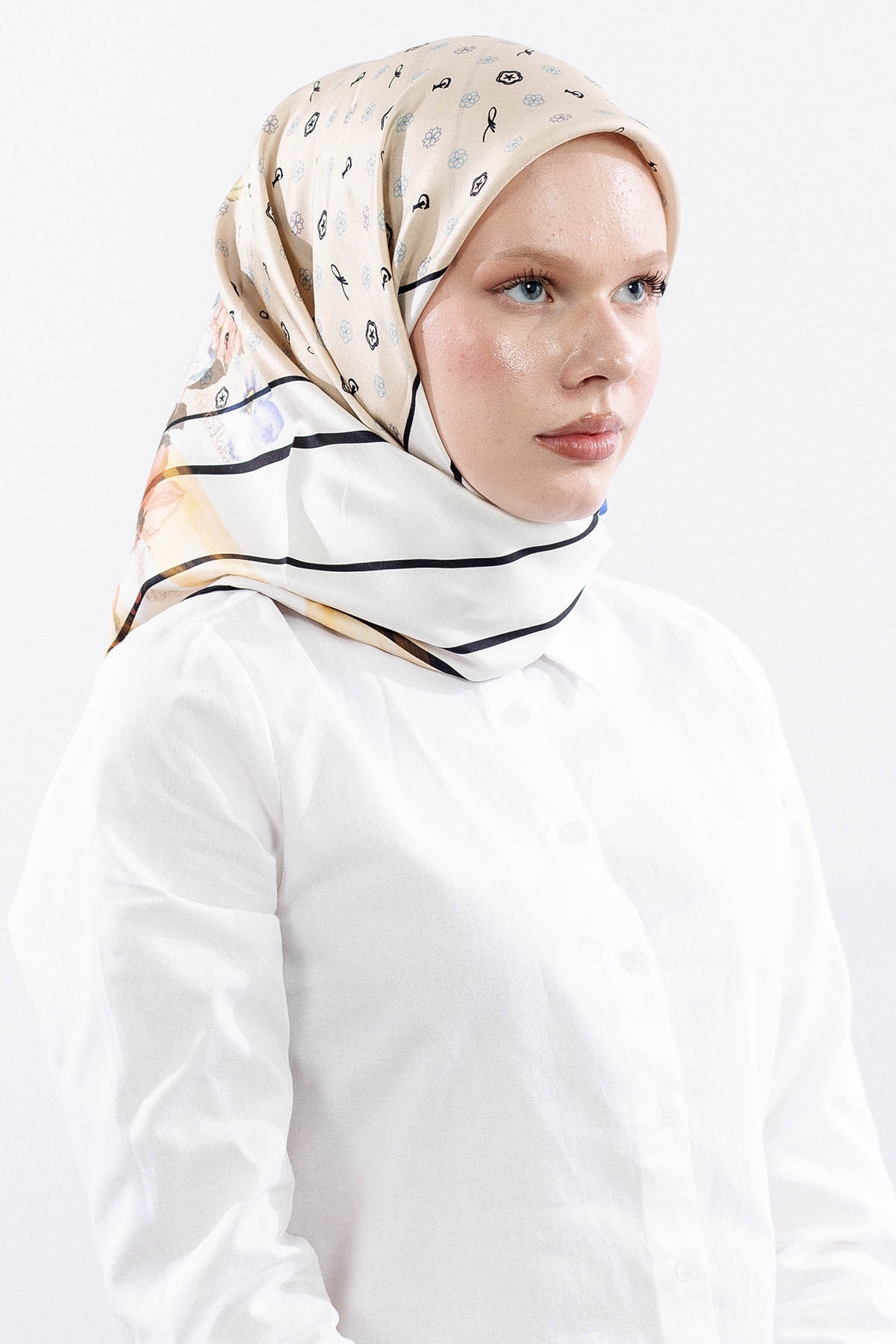 6795 İpek Eşarp 90*90 Tvil Monogram - Kahve-krem - 2