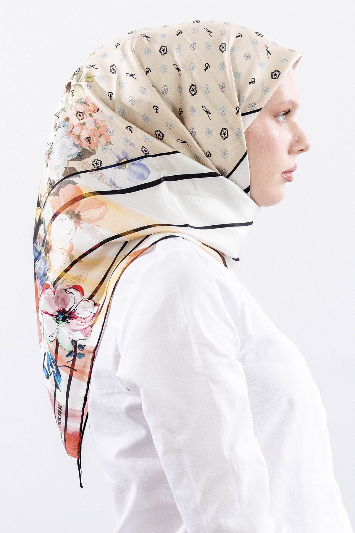 6795 İpek Eşarp 90*90 Tvil Monogram - Kahve-krem - 3