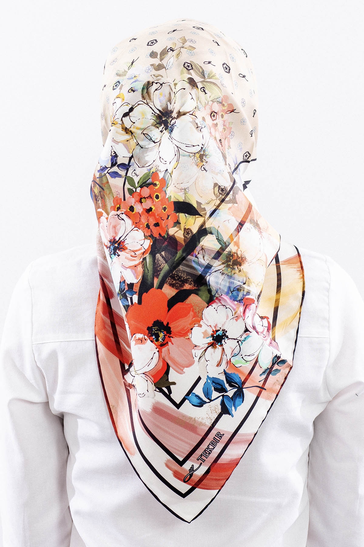 6795 İpek Eşarp 90*90 Tvil Monogram - Kahve-krem - 4