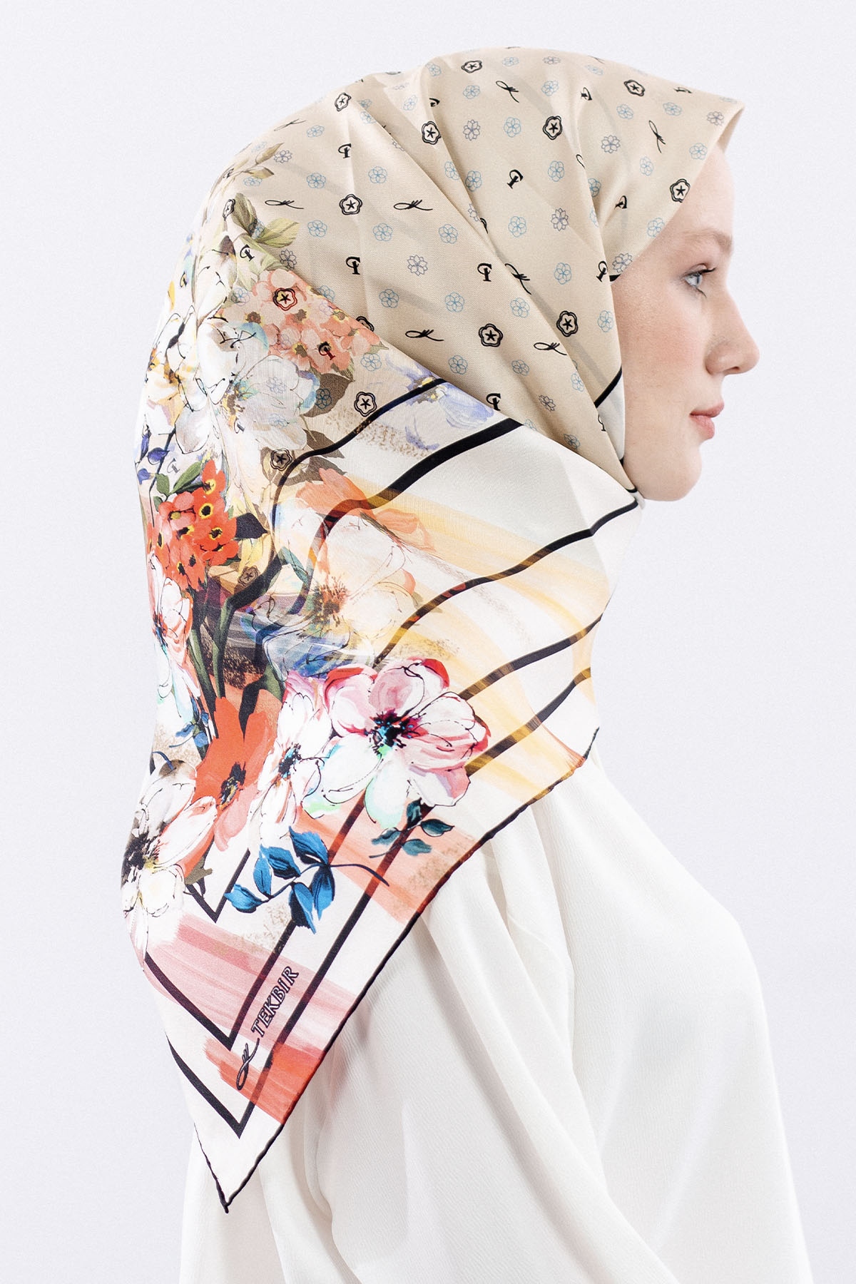 6795 Tvil İpek Eşarp Logo - Bej - 3