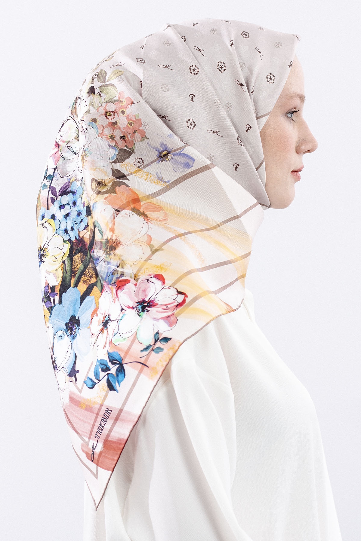 6795 Tvil İpek Eşarp Logo - Kahve-krem - 3