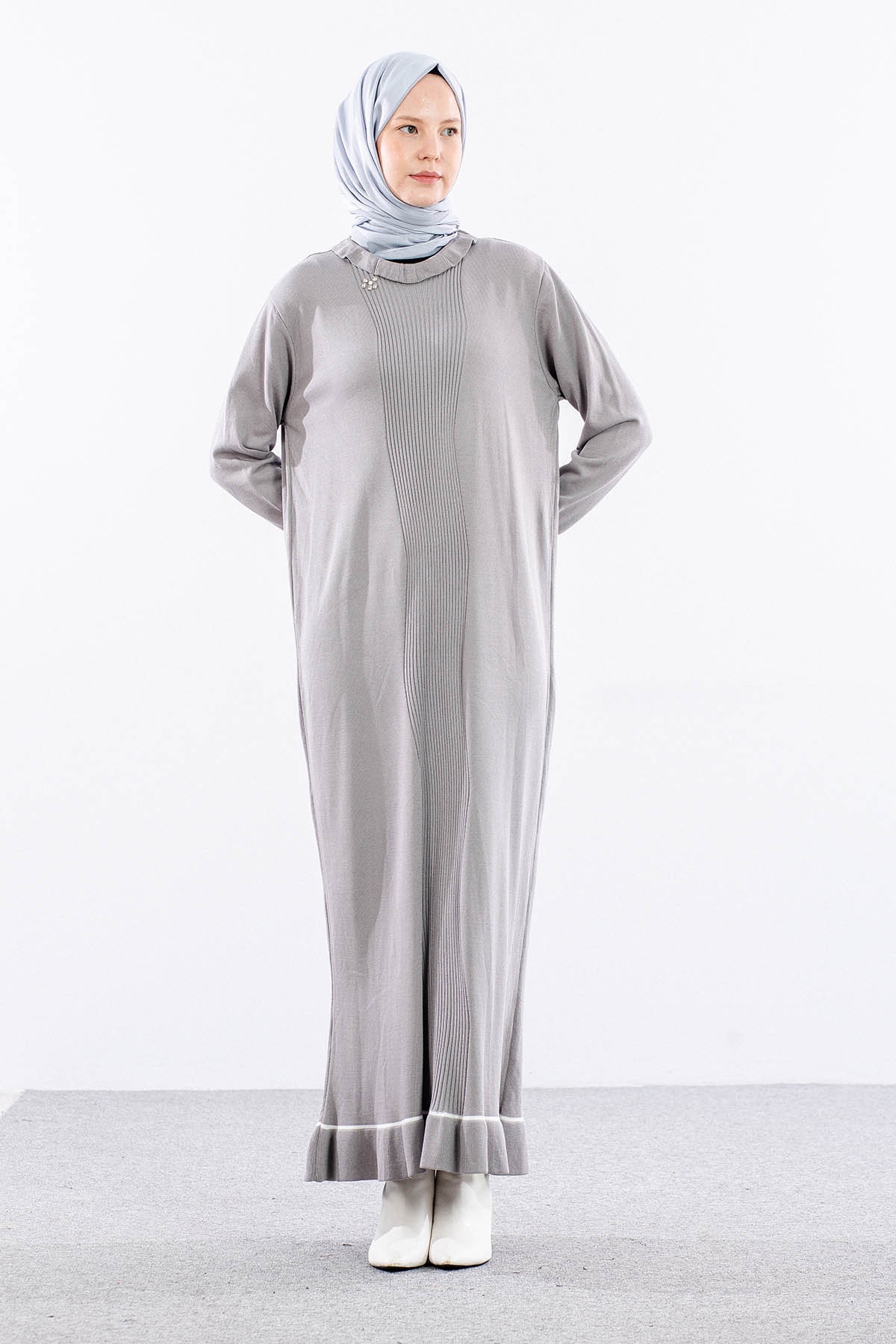 6825 Triko Elbise Tek Tasli - Gri - 1