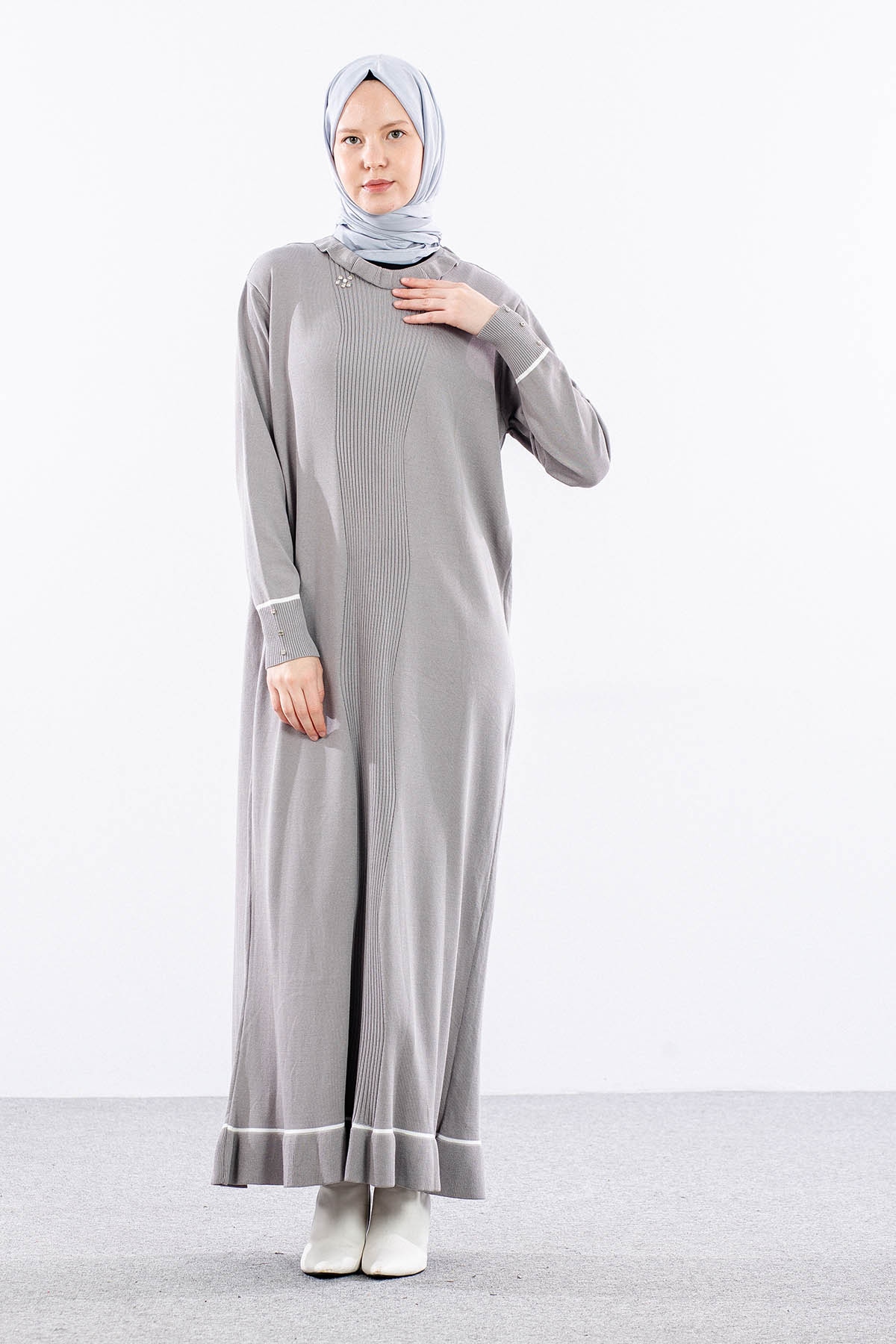 6825 Triko Elbise Tek Tasli - Gri - 2